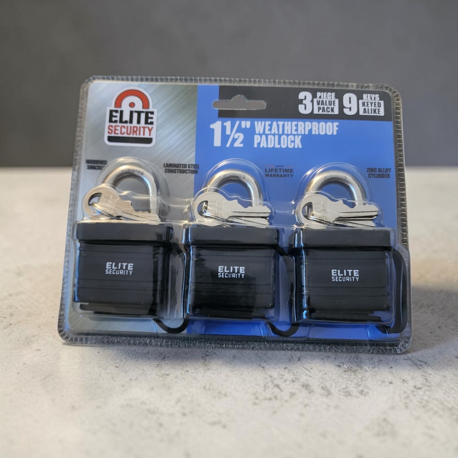 Elite Security 1.5” Weatherproof Padlocks 3-Pack Heavy Duty Keyed Alike 9 Keys