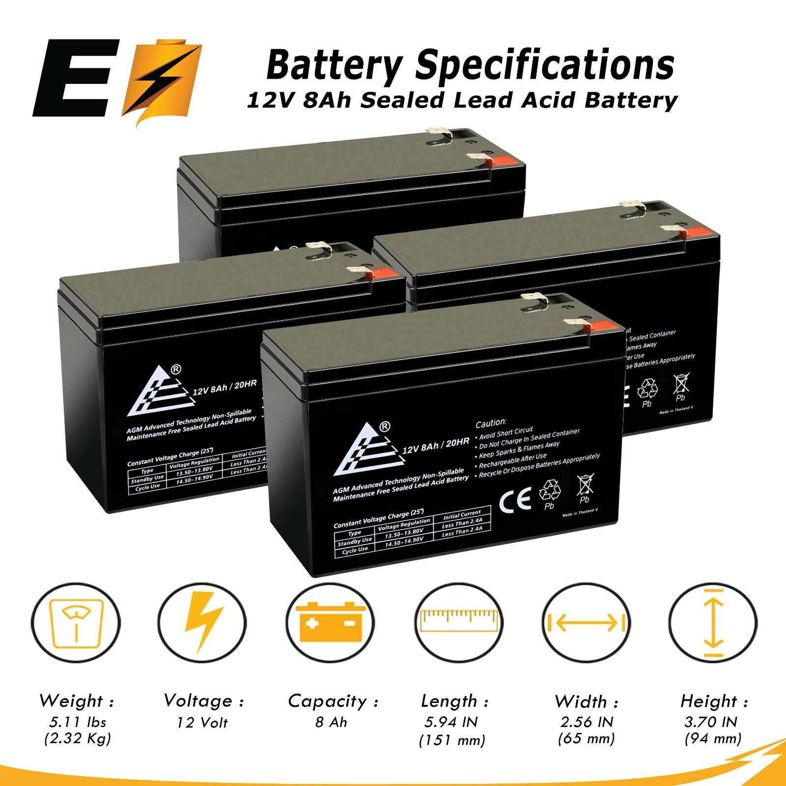 4 Pack: 12V 8Ah Rechargeable Replacement Battery for APC RBC2