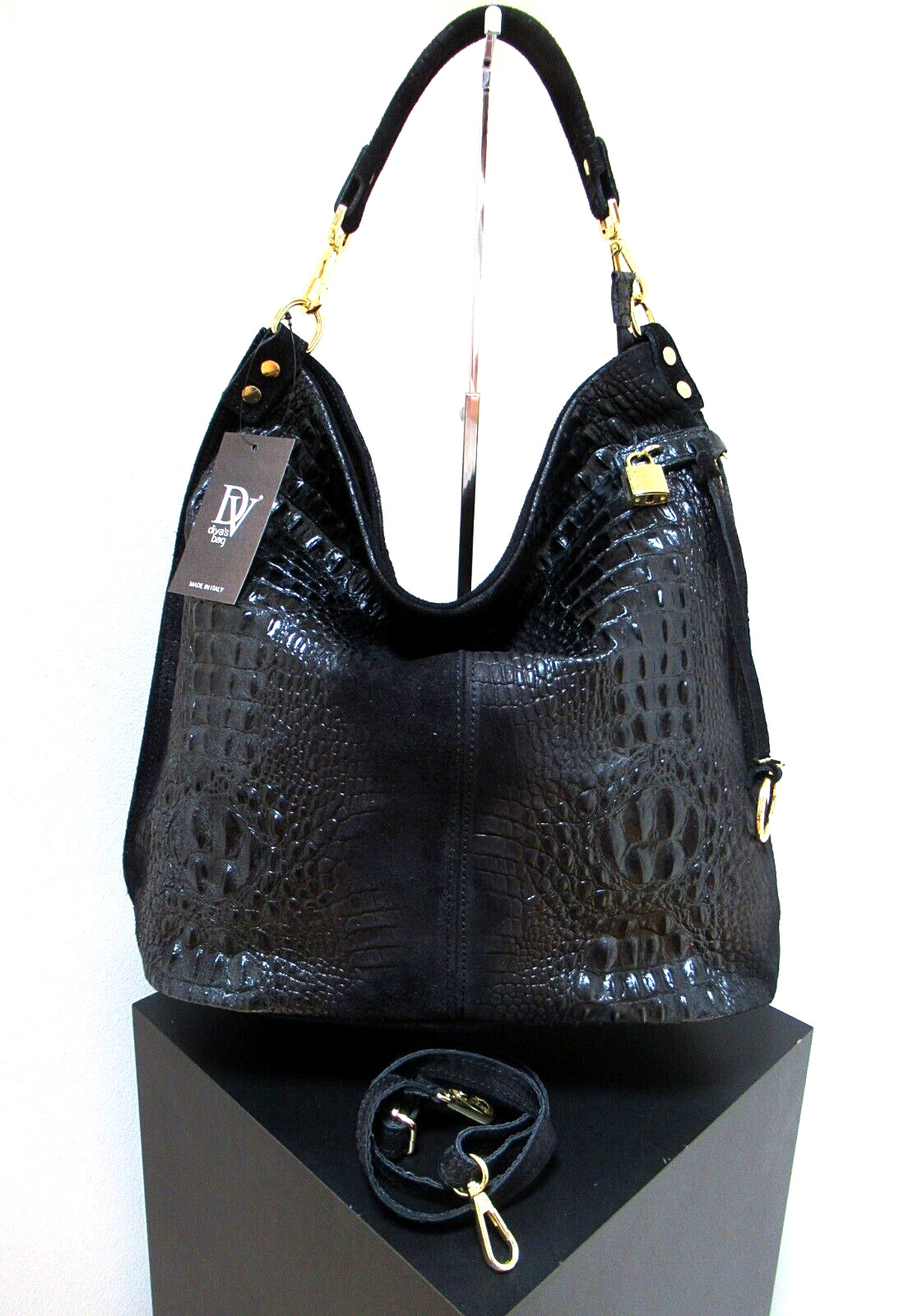 ITALIAN X-LARGE SHOULDER BAG LEATHER & SUEDE CROCO EMBOSSED; DIVA- MADE IN ITALY