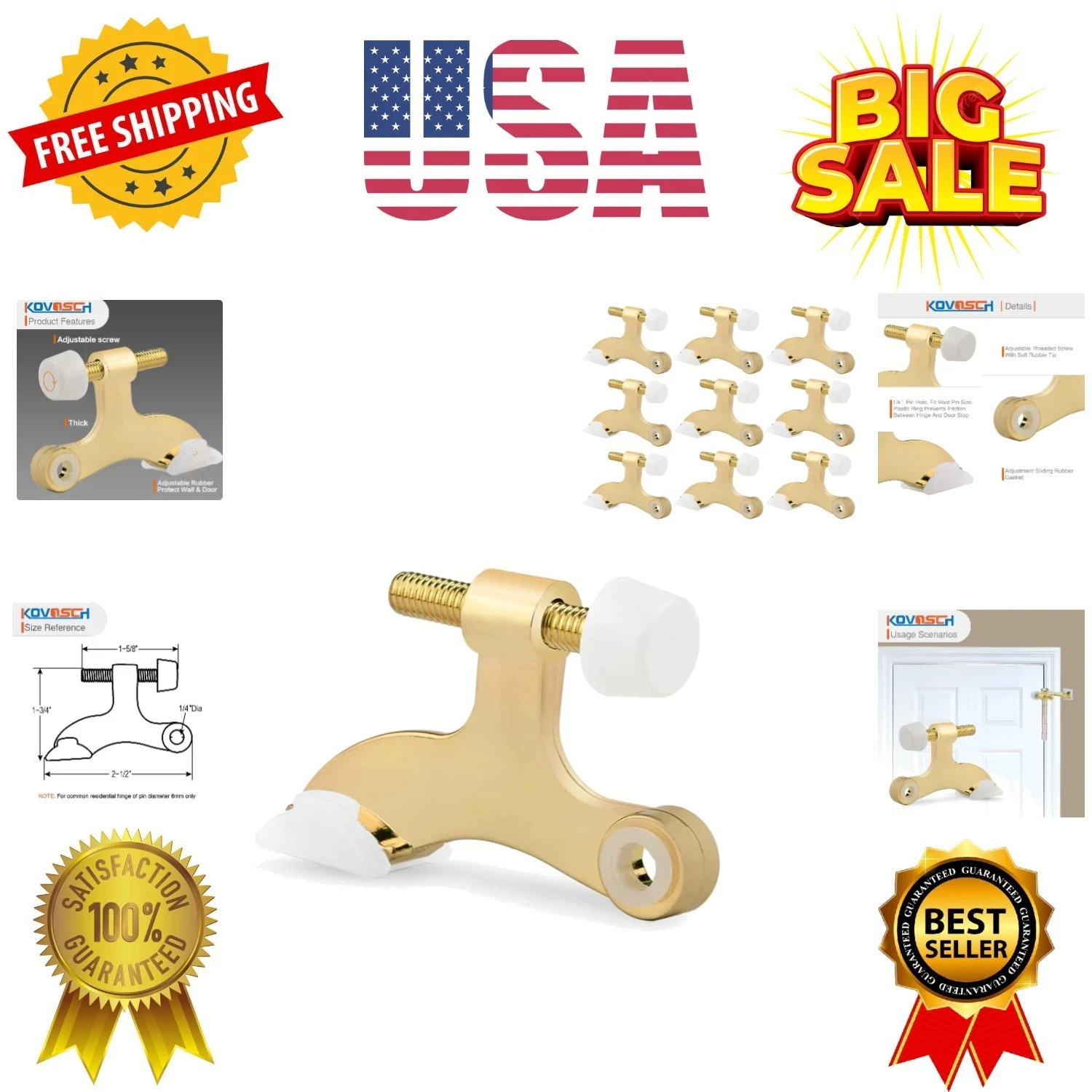 10 Pack Hinge Pin Door Stopper Bright Brass - Adjustable Heavy Duty Gold Hing
