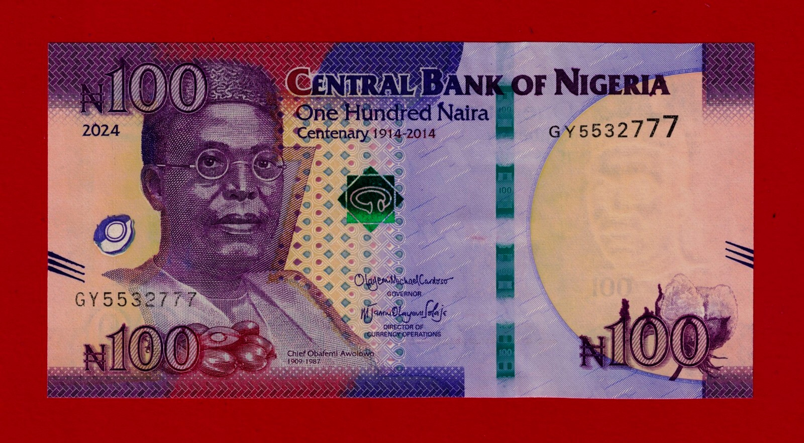 100 NAIRA 2024 NIGERIA UNC 100 Years Commem. Note (P-41e) Sign: Cardoso & Solaja