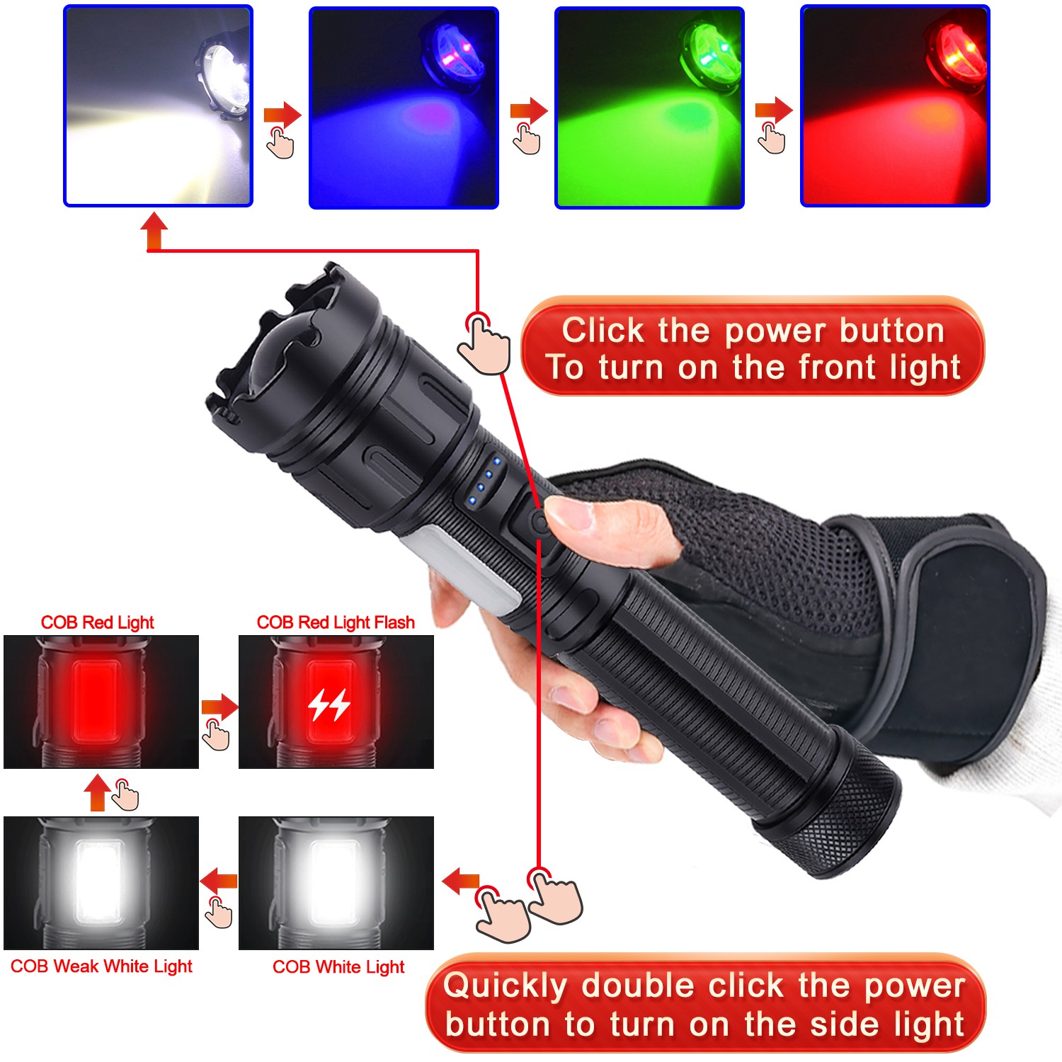 Multicolor LED Flashlight 4 in1Rechargeable White/Red/Green/Blue Hunting Light