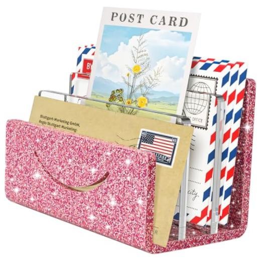 Mail Organizer Envelope Holder - Acrylic Mail 3 Compartments Glitter Pink