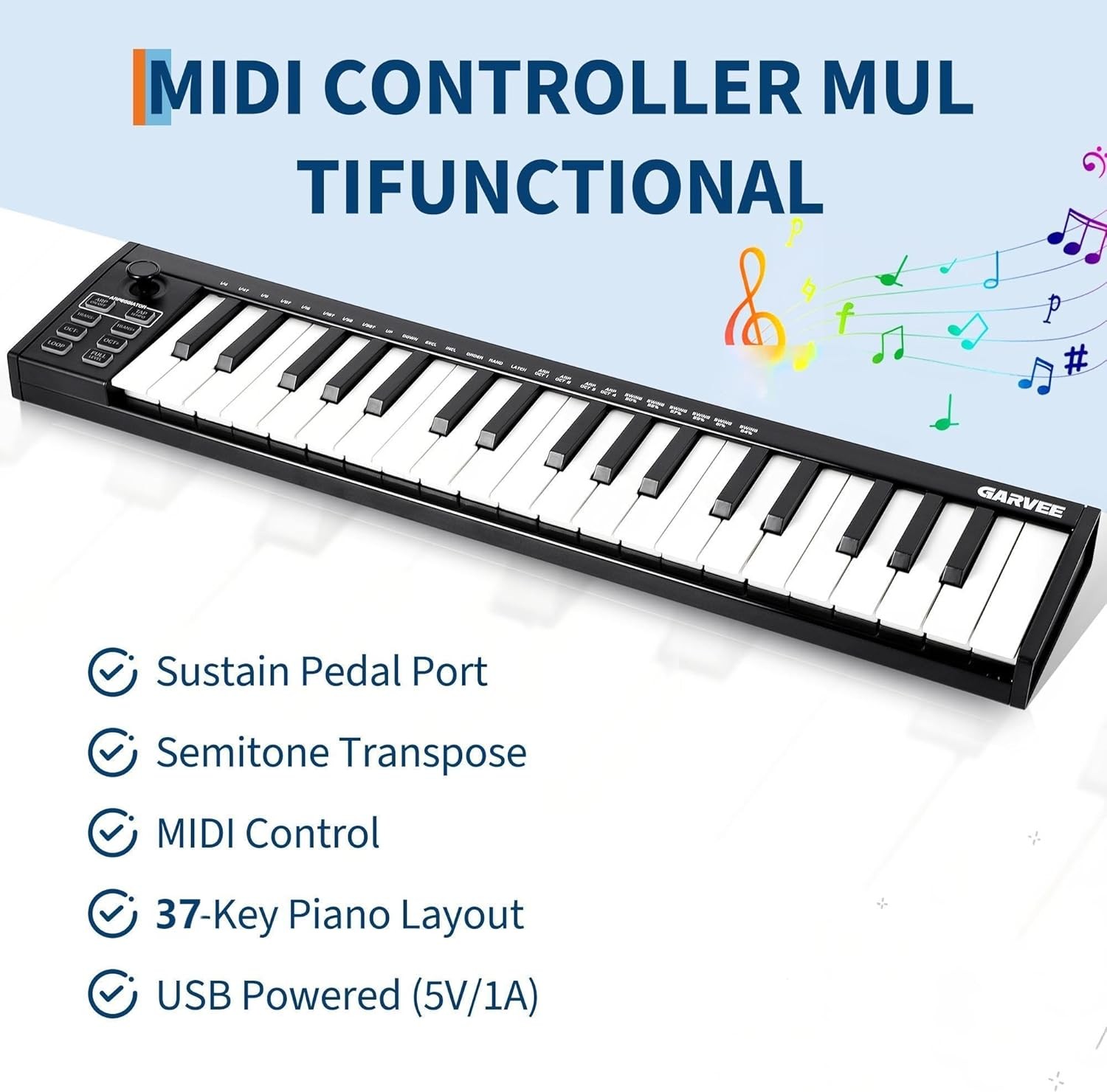 Portable MIDI Keyboard Controller 37-Key USB w/ Velocity Music Production Design