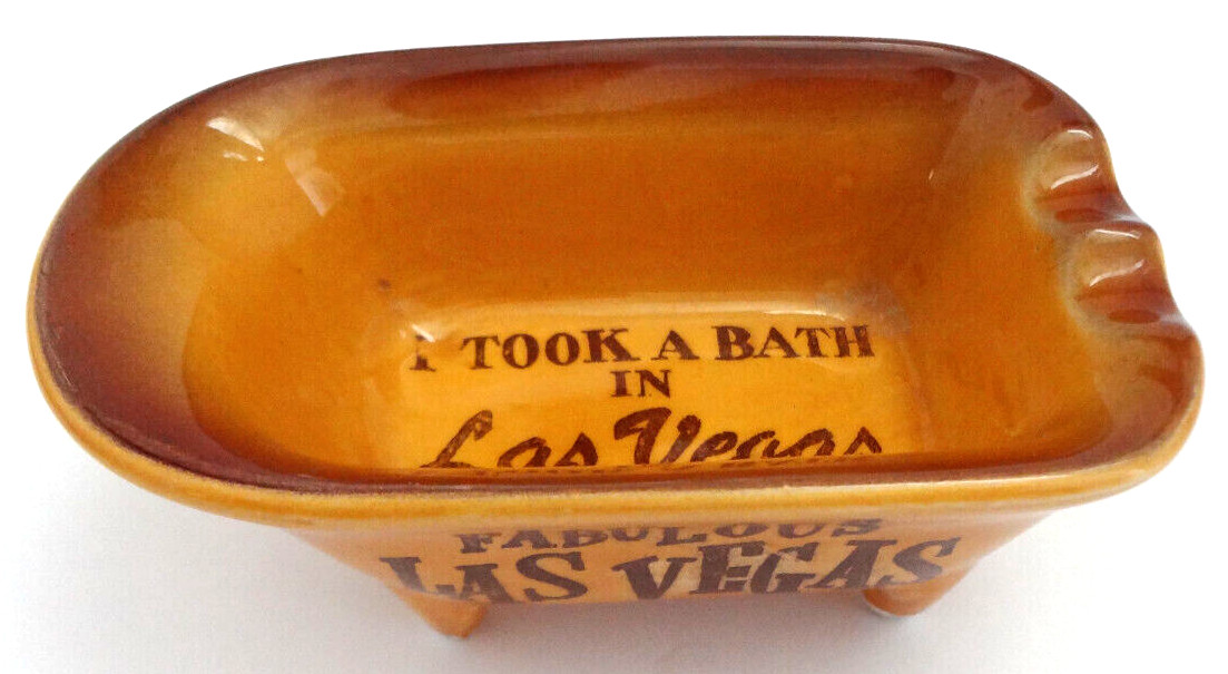 LAS VEGAS BATHTUB SHAPED ASHTRAY VINTAGE CERAMIC CASINO COLLECTIBLE FUN SOUVENIR