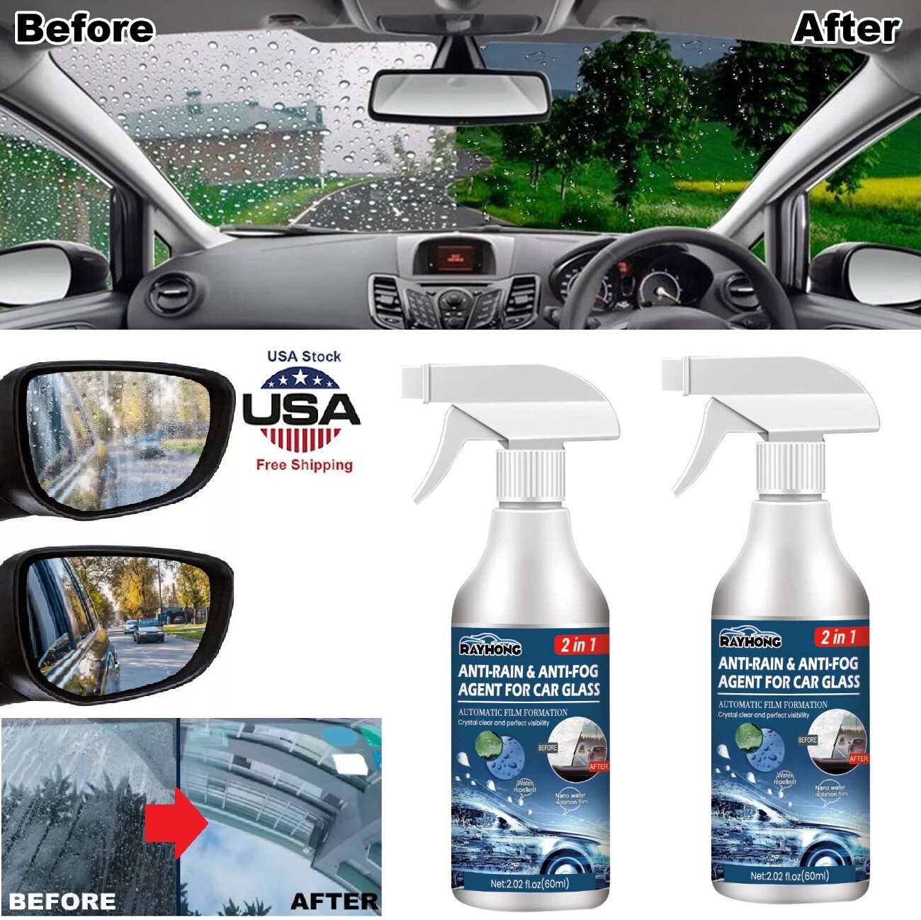 2×Anti-rain Anti-fog Coating Agent for Car Glass Windshield Rain Repellent Spray
