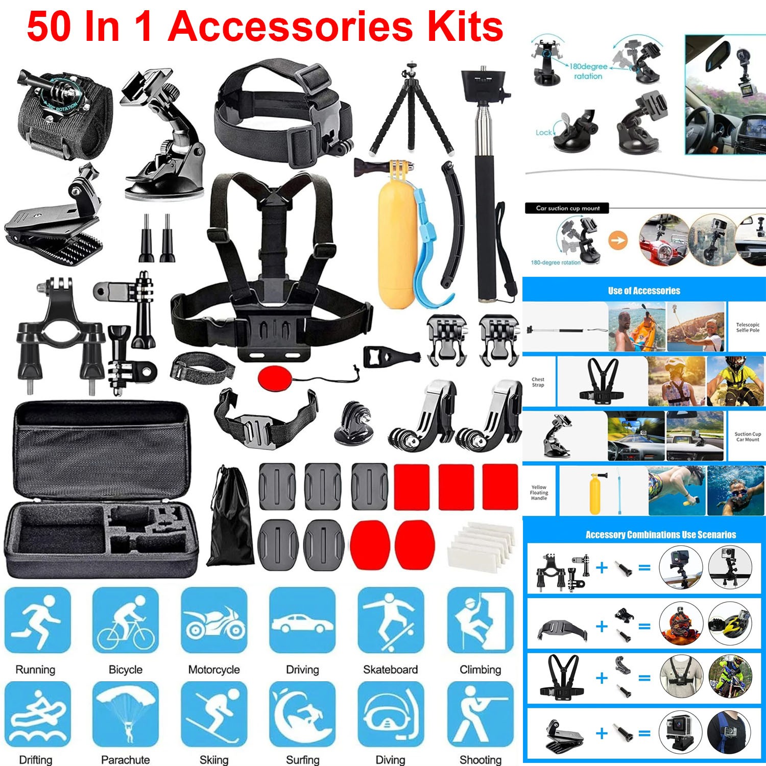 50-in-1 + Waterproof Case for Gopro Hero 13 12 11 10 Action Camera Accessory Kit