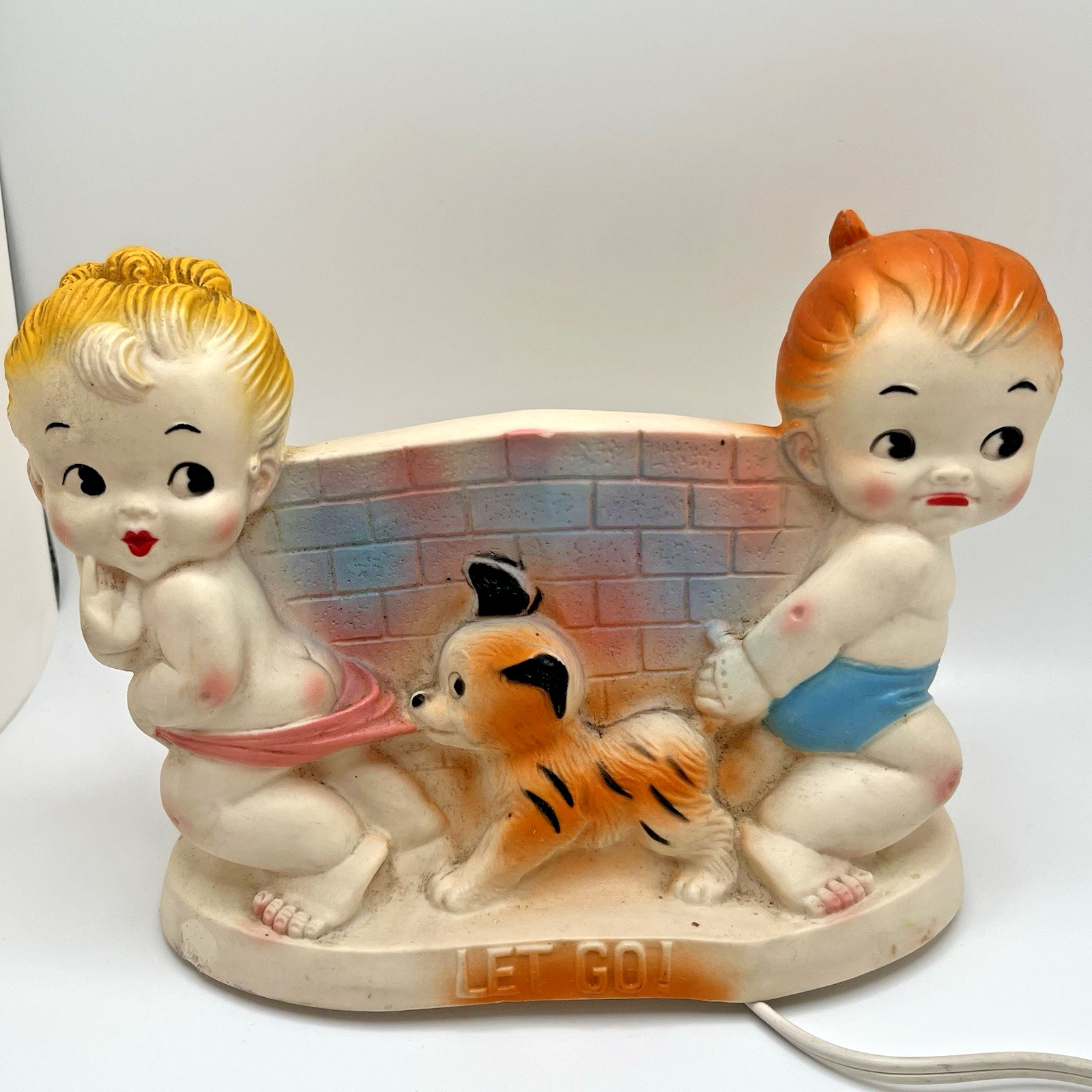 Vtg 1960's Alan Jay Clarolyte Rubber Boy Girl Dog Nightlight Lamp "LET GO" WORKS