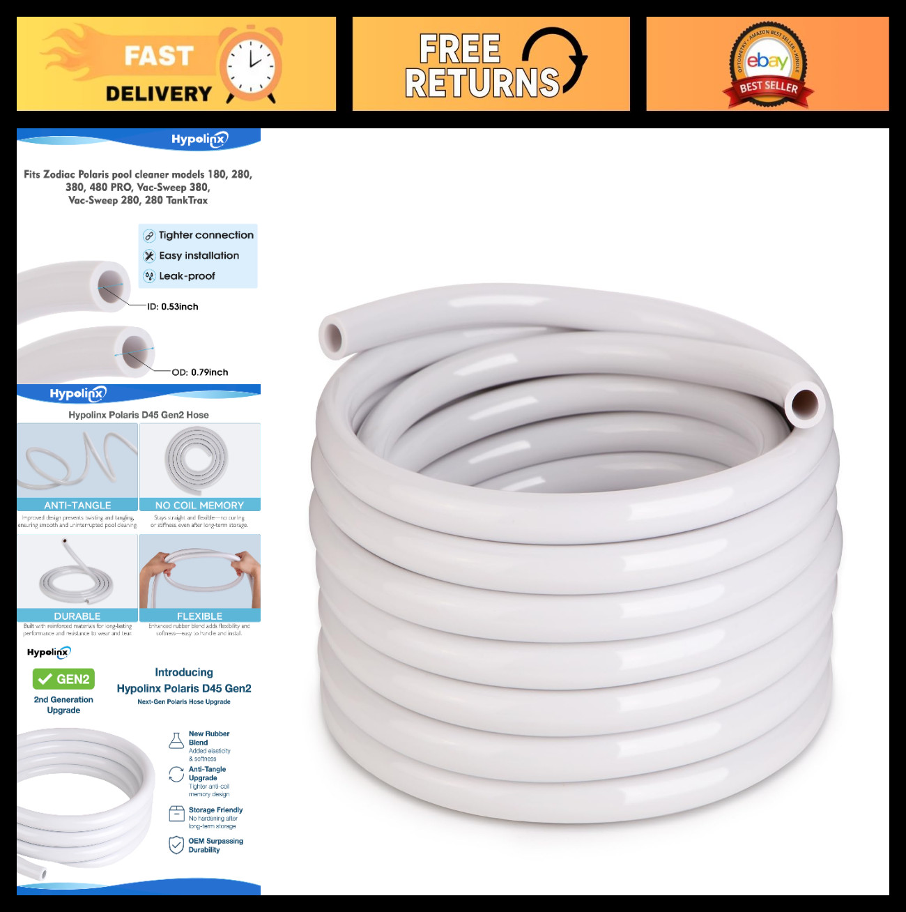 30 Ft Tangle-Free Pool Cleaner Hose Replacement for Polaris 180, 280, 380 - Gen2