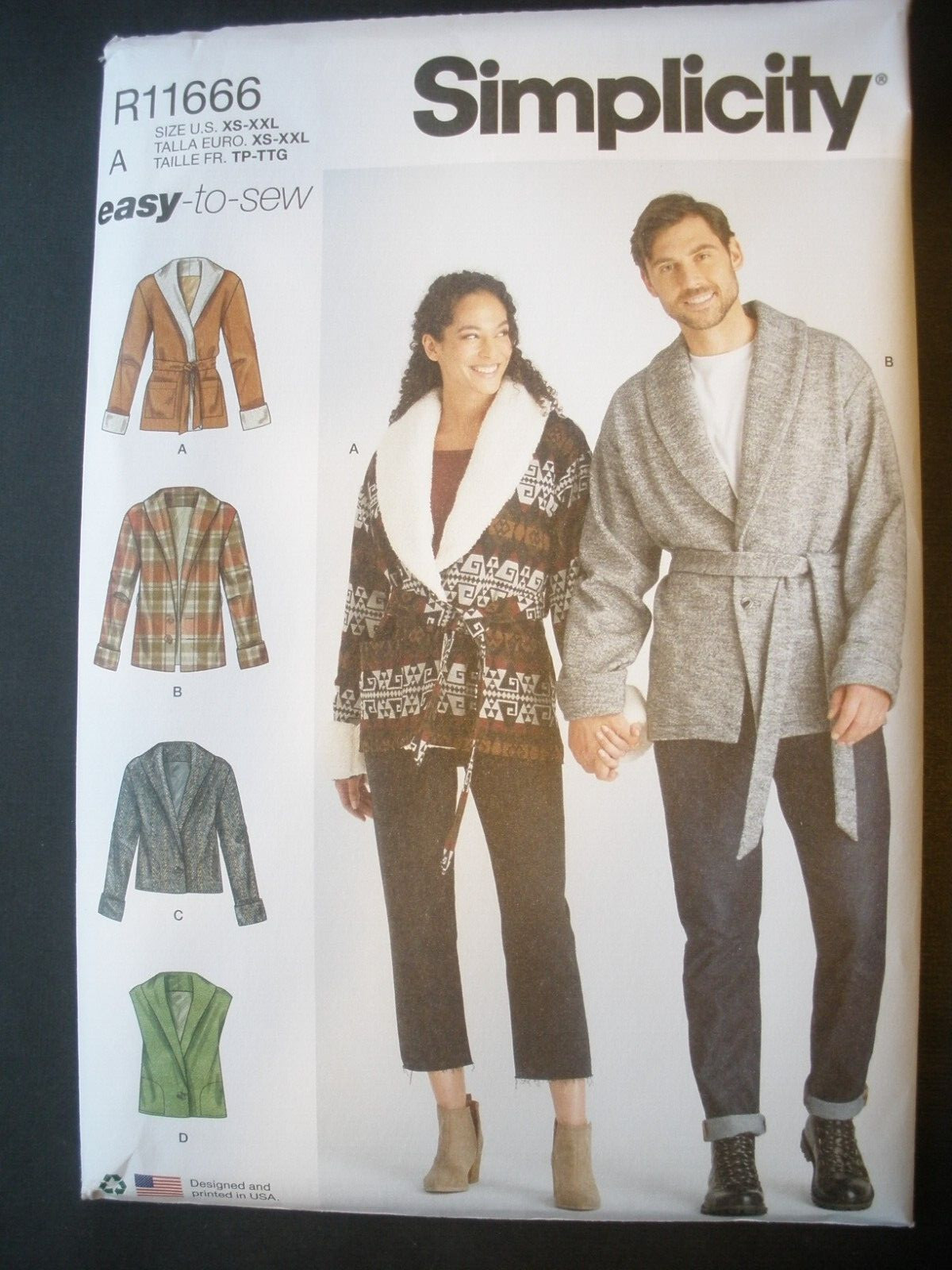 Simplicity R11666 9692 UNISEX Shawl Collar Coat  Jacket & Vest  Sz XS-XXL  Uncut