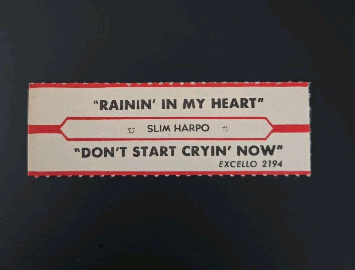 Jukebox Title Strip SLIM HARPO "Rainin' In My Heart/Don't Start Cryin' Now" 1960