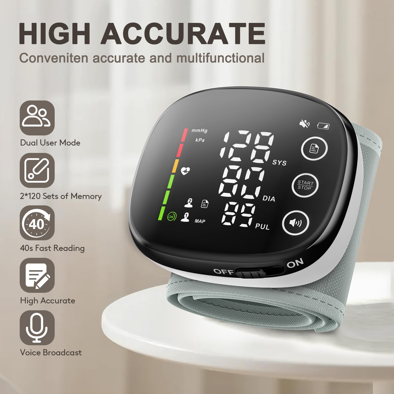 Wrist Blood Pressure Monitor with Touchscreen, 13.5–19.5cm Cuff  2×120 Memory