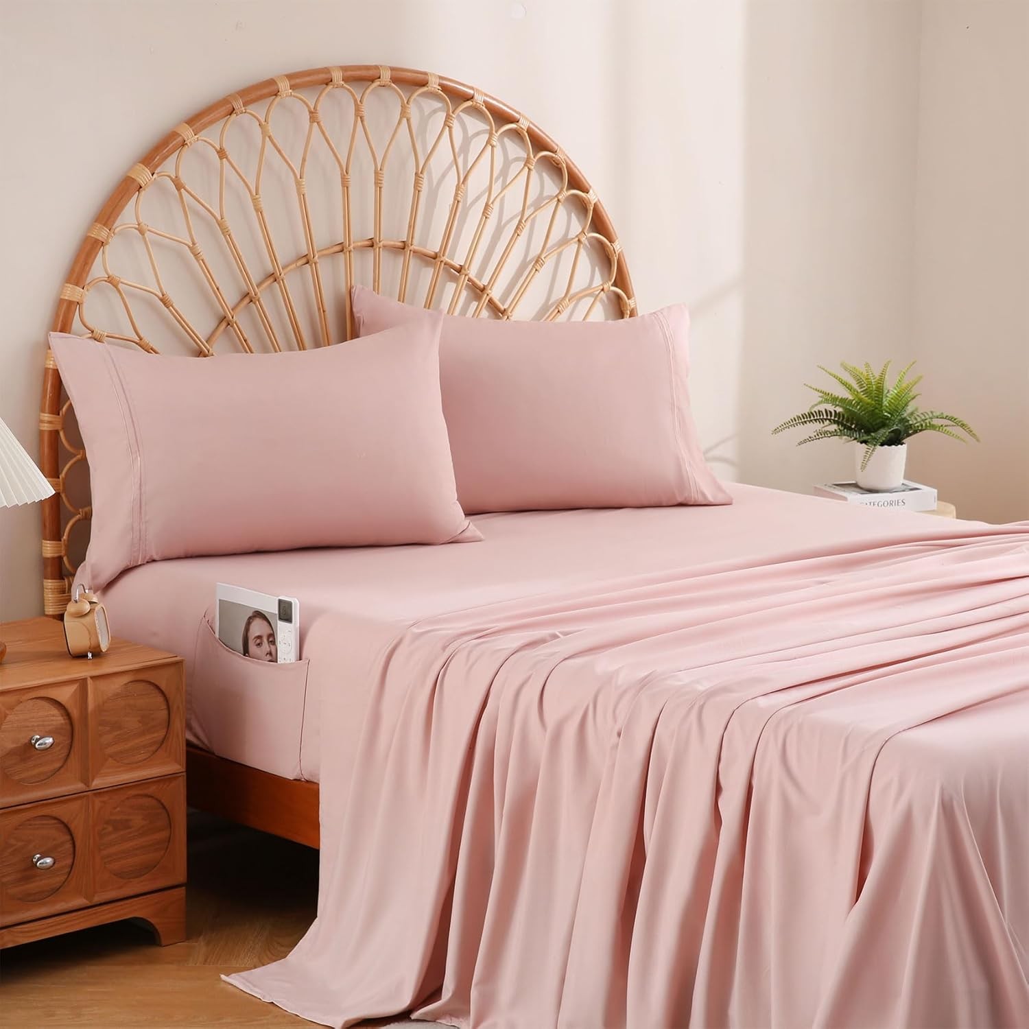 Dusty Pink Full Sheet Set W/ Side Pocket Corner Straps 4 Piece Soft Microfiber