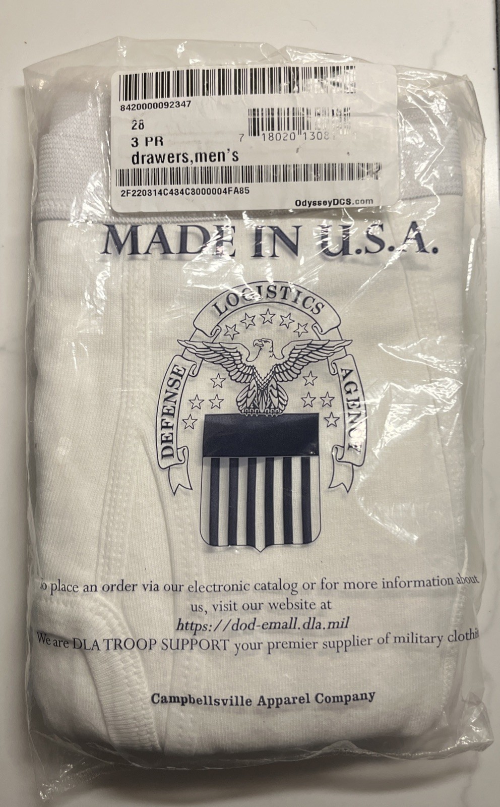 New Men's US Military Drawers 3 Pack Size 28 Made in the USA