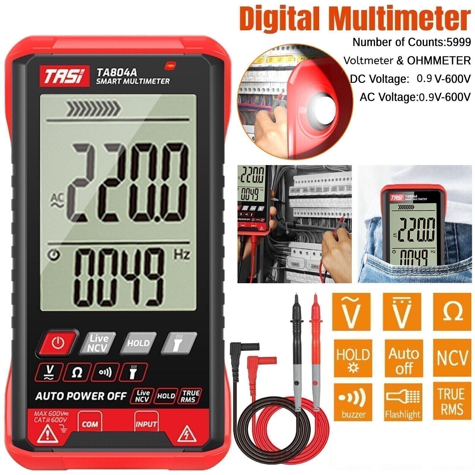 Digital Multimeter Voltmeter AC DC Volt Meter Ohmmeter Auto Range Tester Light M