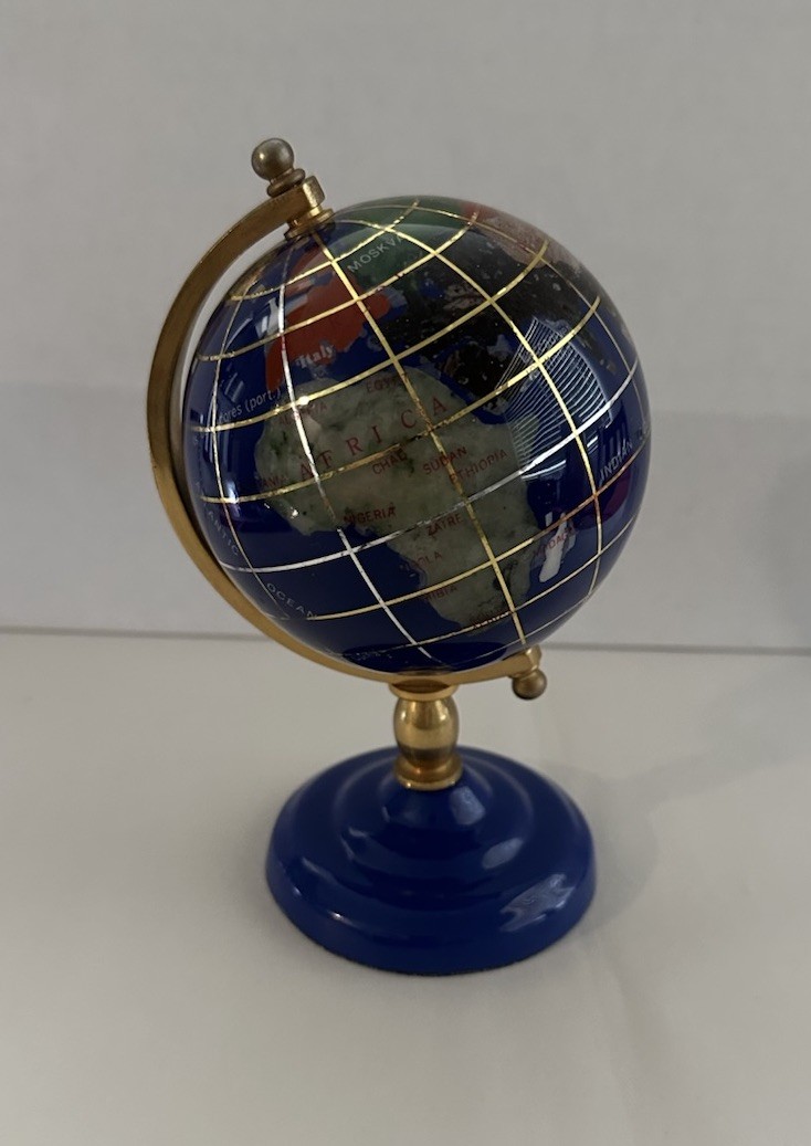 Blue Lapis Glass World Globe with Semi Precious Gemstones 6 1/2'' Tall VG