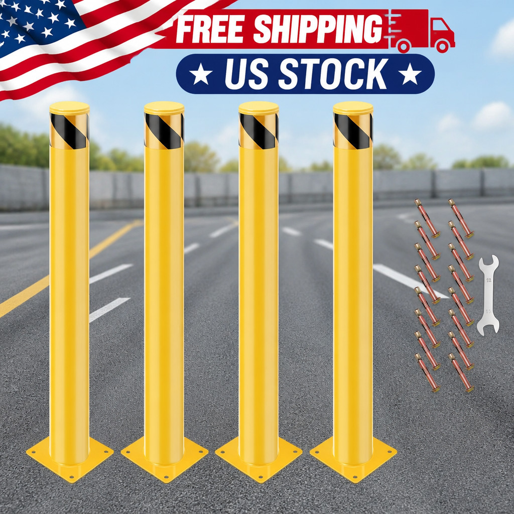4 Pack Bollard, 30“ High 4" Diameter Bollard Post, Yellow Steel Parking Safety