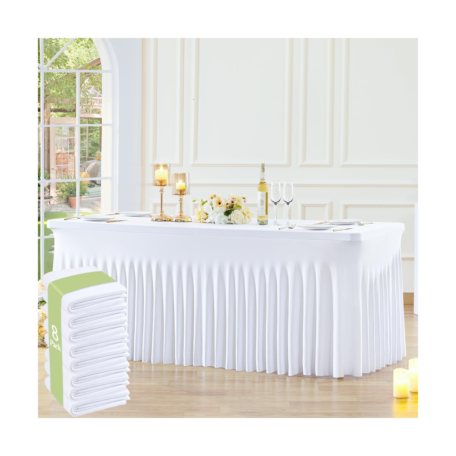 8 Pack White Table Cloth for 6 Foot Rectangle Tables Spandex Fitted Tableclot...