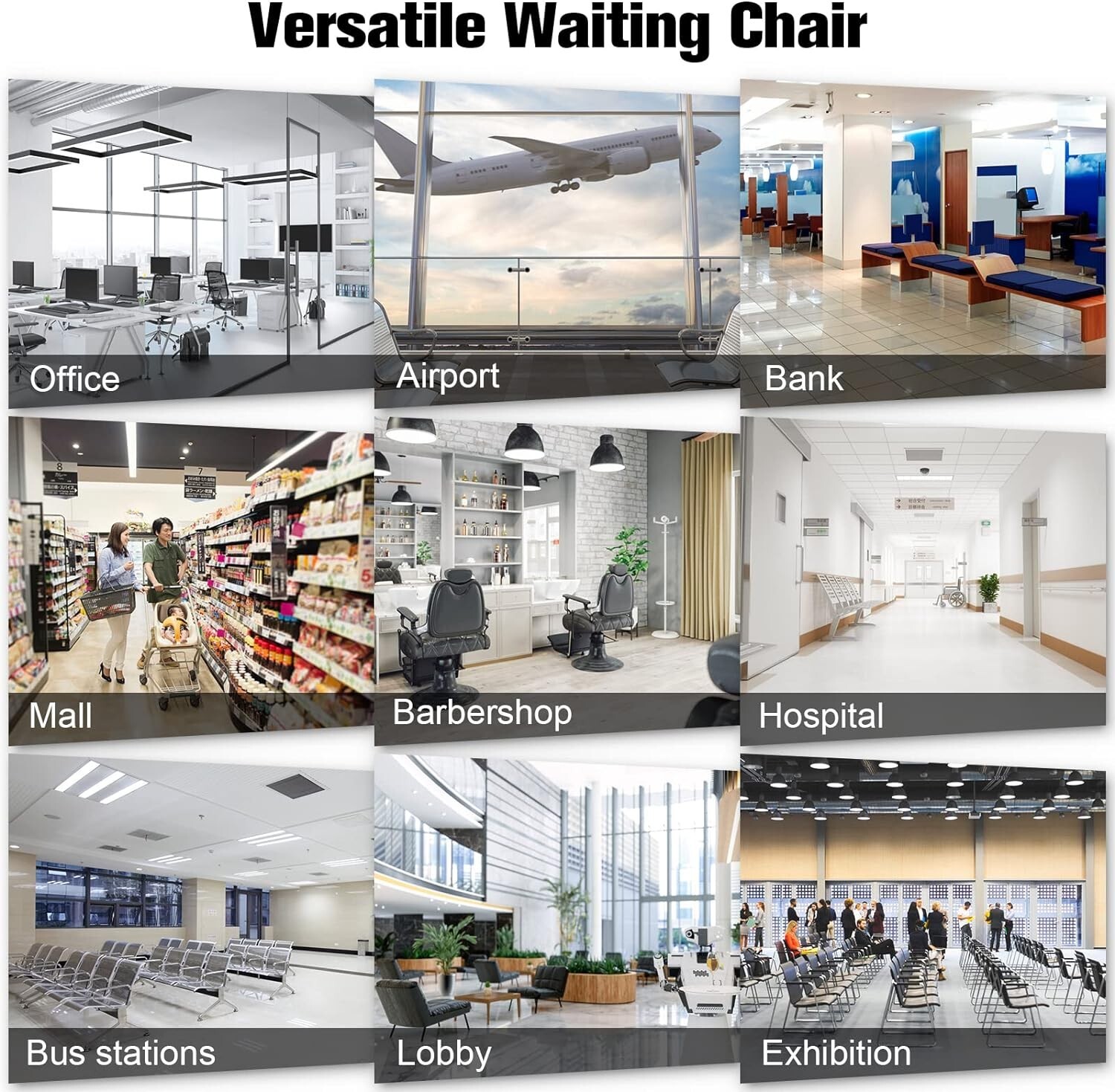 2-Seat Airport Waiting Chair Clinic Bench Office Reception Room Salon Black
