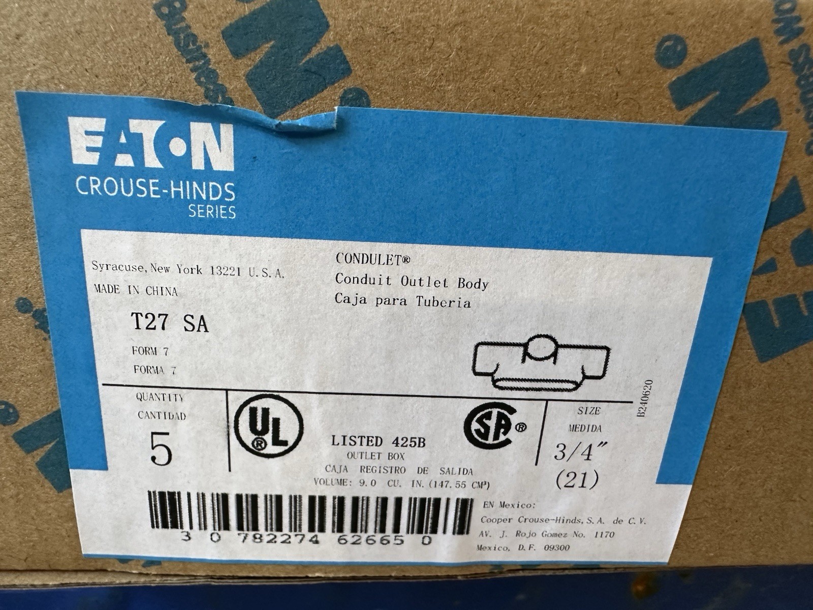 Box of 5 T27 SA Eaton Crouse-Hinds 3/4" Form 7 Aluminum Conduit Outlet Body