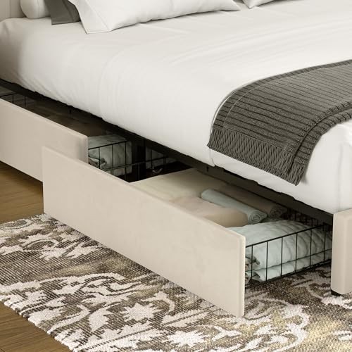 Size Upholstered Bed Frame with 4 Drawers Queen Beige Bed Frame with Drawer