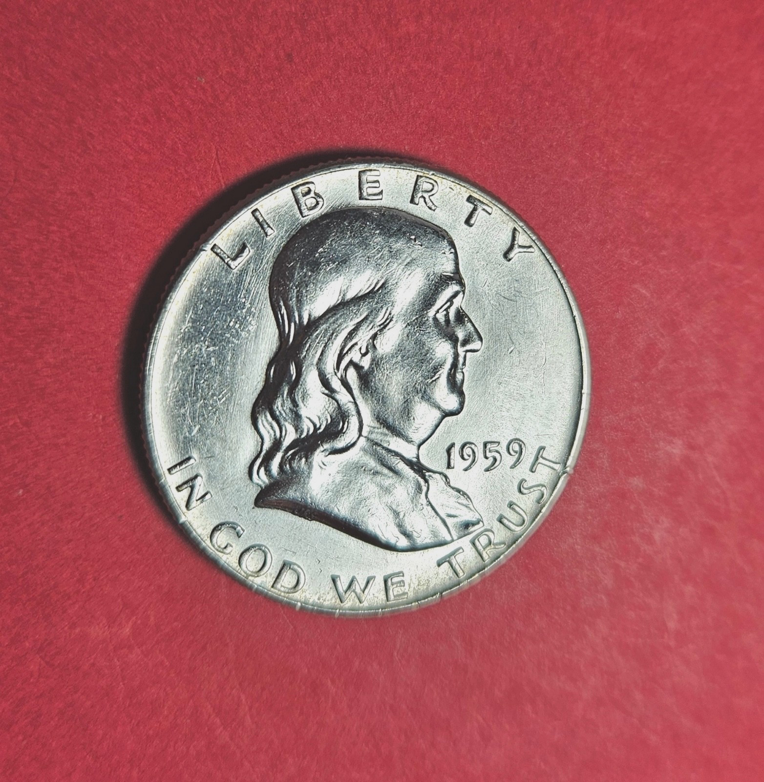 1959 Franklin Silver Half Dollar AU. 90% Silver.