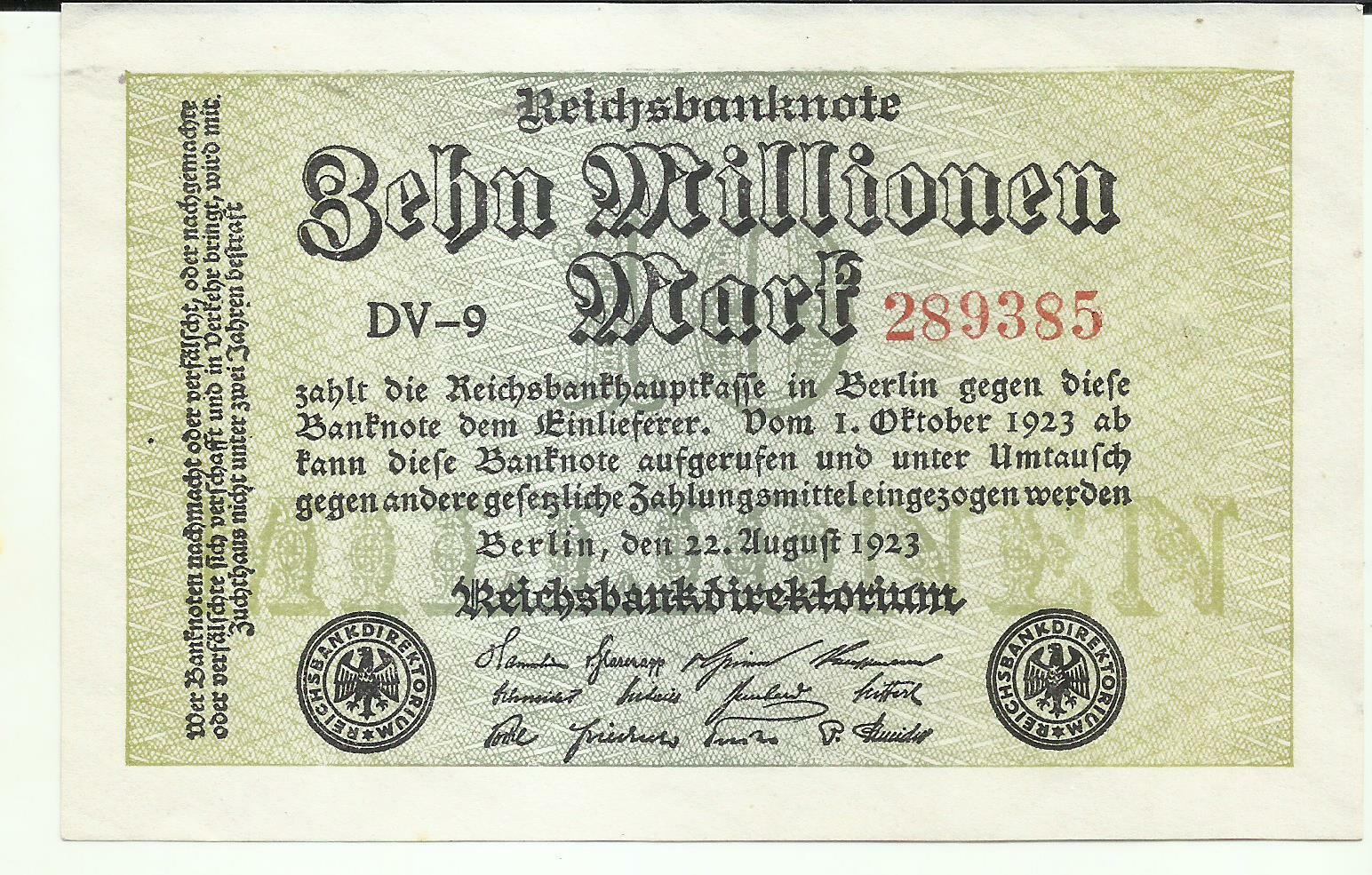 GERMANY 10 MILLION MARKS 1923  P 106. UNC CONDITION. 9RW 17MAR