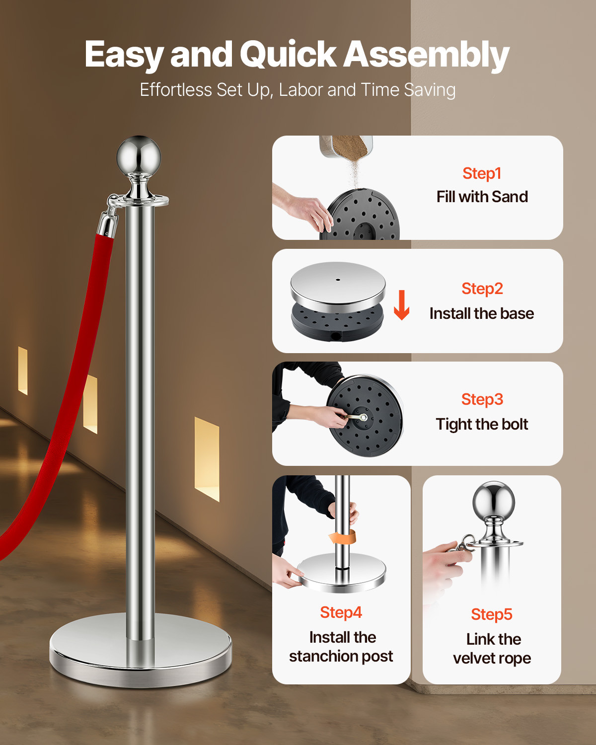 6 Pcs Silver Stanchion Post 3 Red Velvet Ropes Sand Injection Hollow Base
