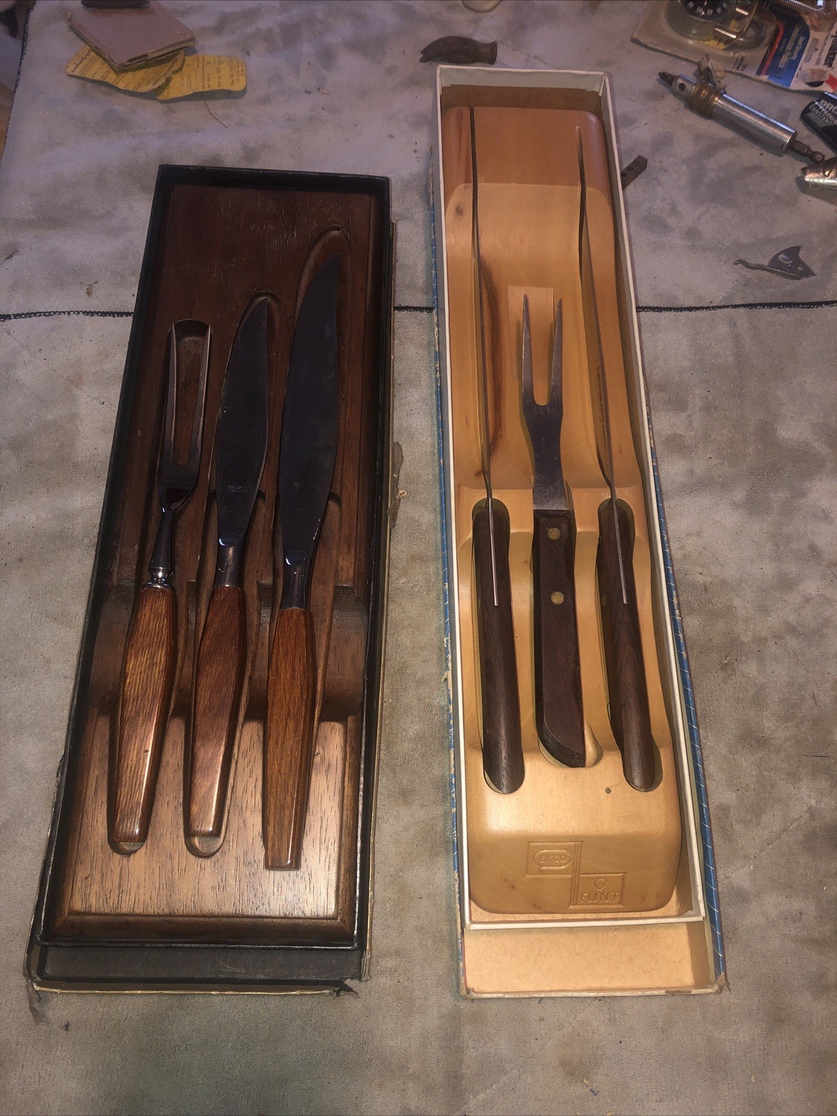 Lot 2 mid century carving sets wooden block Ekco Flint and Regent cutlery Danish