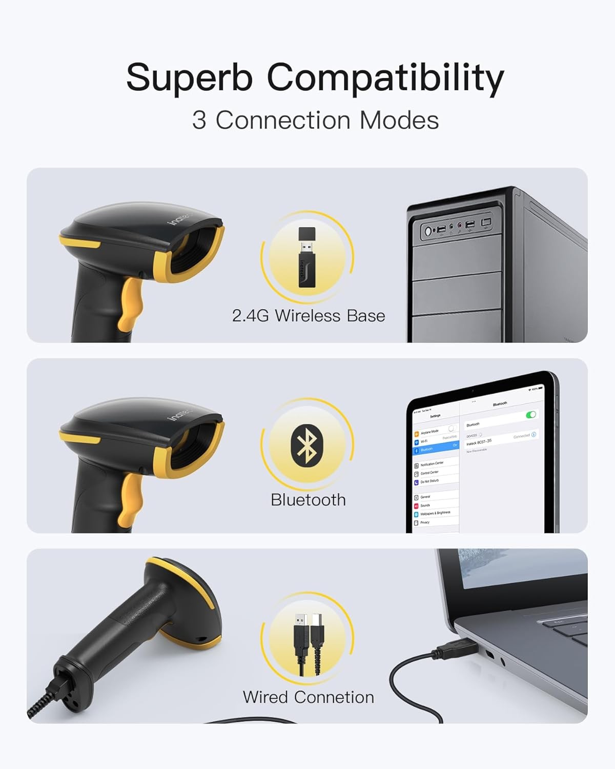 Inateck 2D Barcode Scanner with Intelligent Stand, ,Handheld with APP and SDK