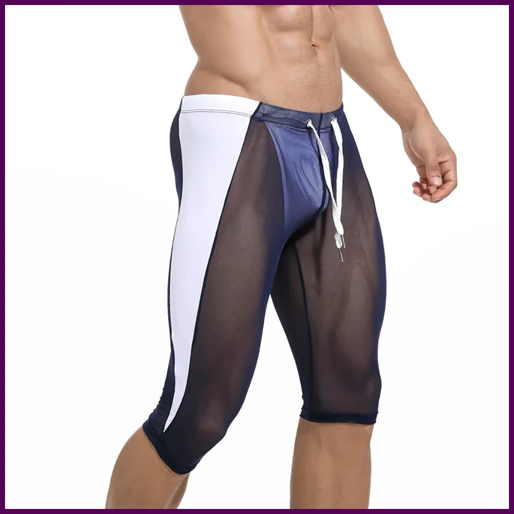 Mens Sleep Bottoms Sexy Mesh Transparent Sheer Shorts Pants Leggings Trunks