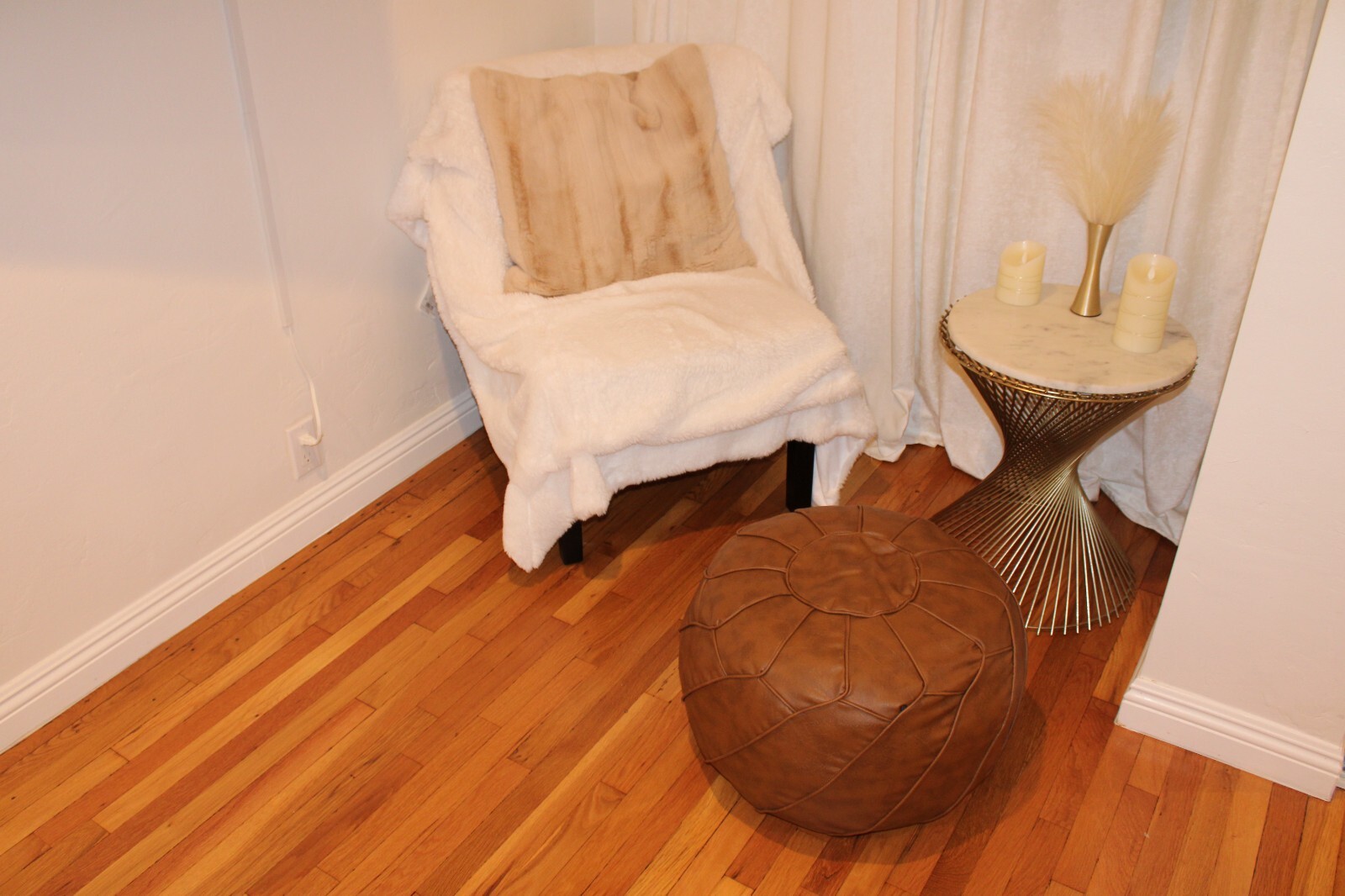 Amina Modern Natural Leather Moroccan Pouf and Ottoman - Filled and Stuffed