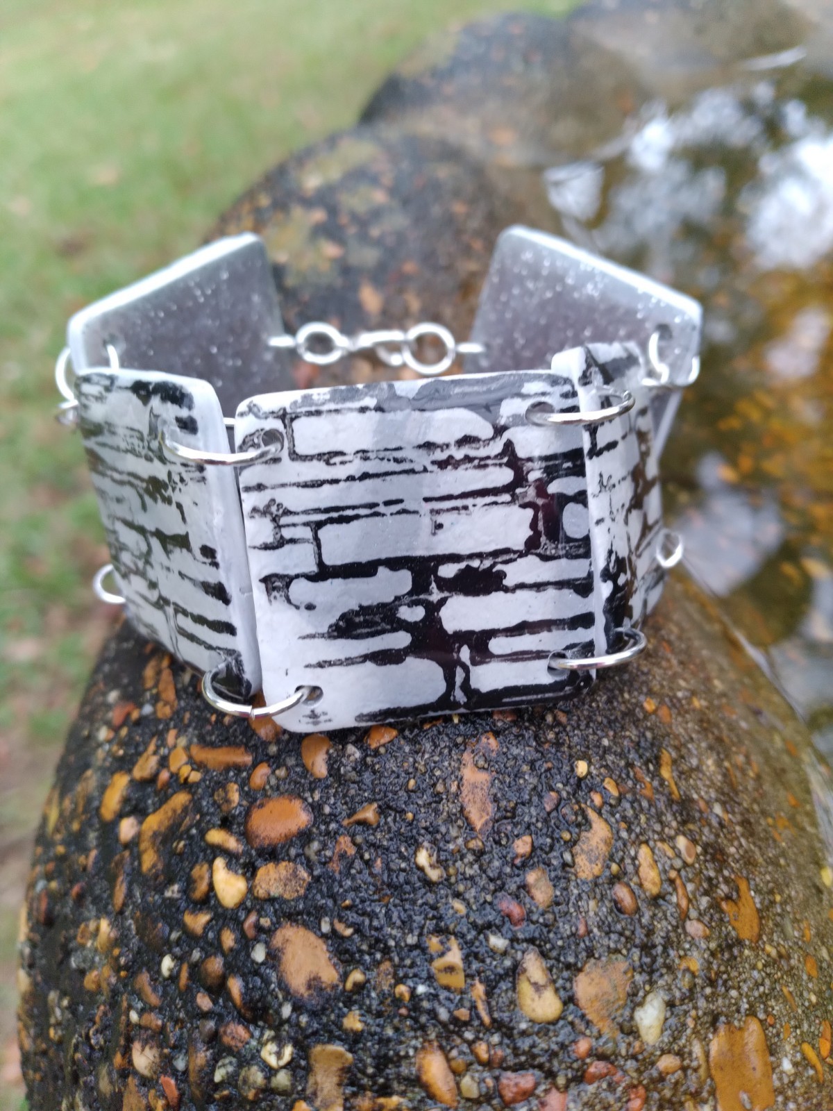 Handcrafted Reversible Polymer Clay Resin Silver Bracelet Black Gray White