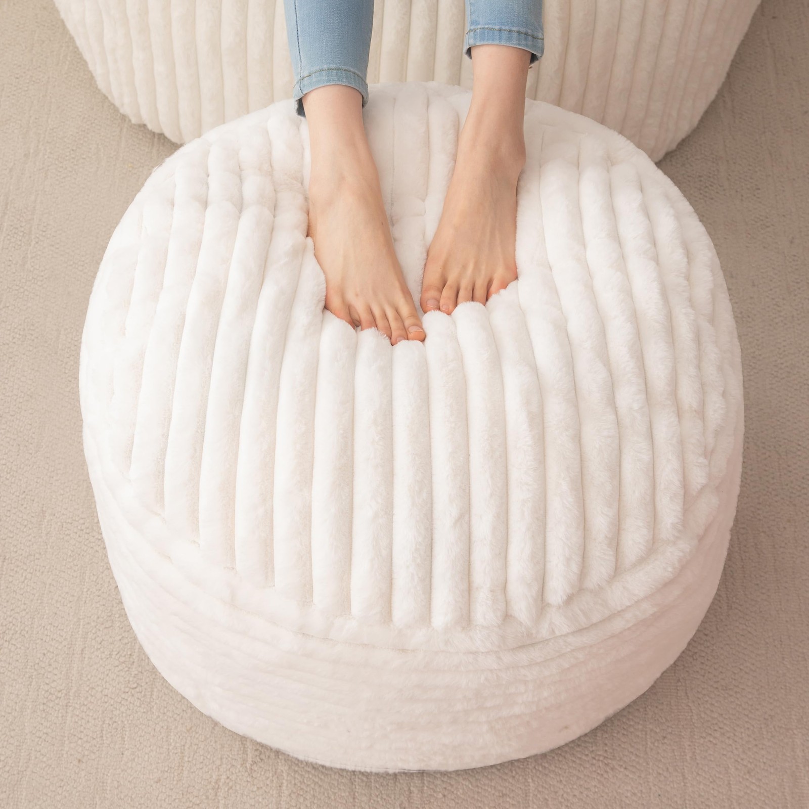 Round Stuffed Pouf Ottoman, Stripe Faux Fur Poufs with Foam Chunk Filling, Fu...