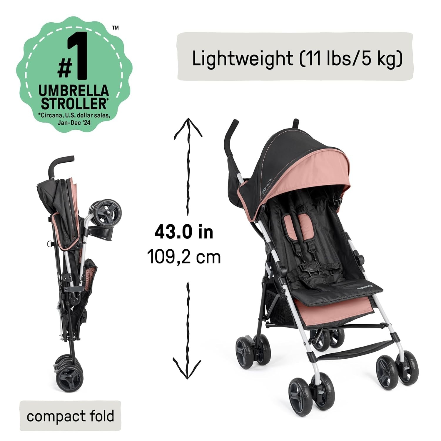 Ingenuity 3D Mini Convenience Stroller Rose Pink Foldable Multi-Position Recline