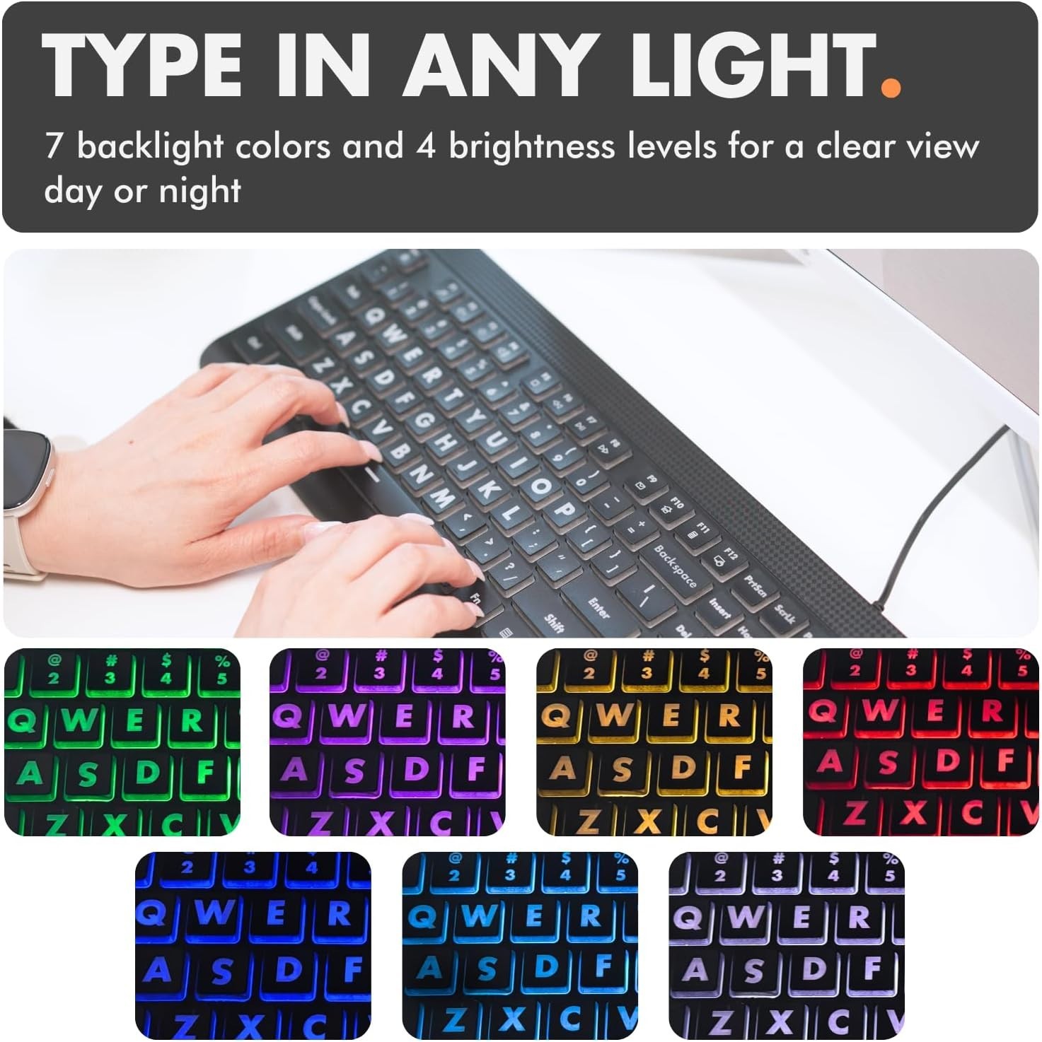 X9 Large Print Backlit Computer Keyboard - Easy to See Big Letters - Lighted USB