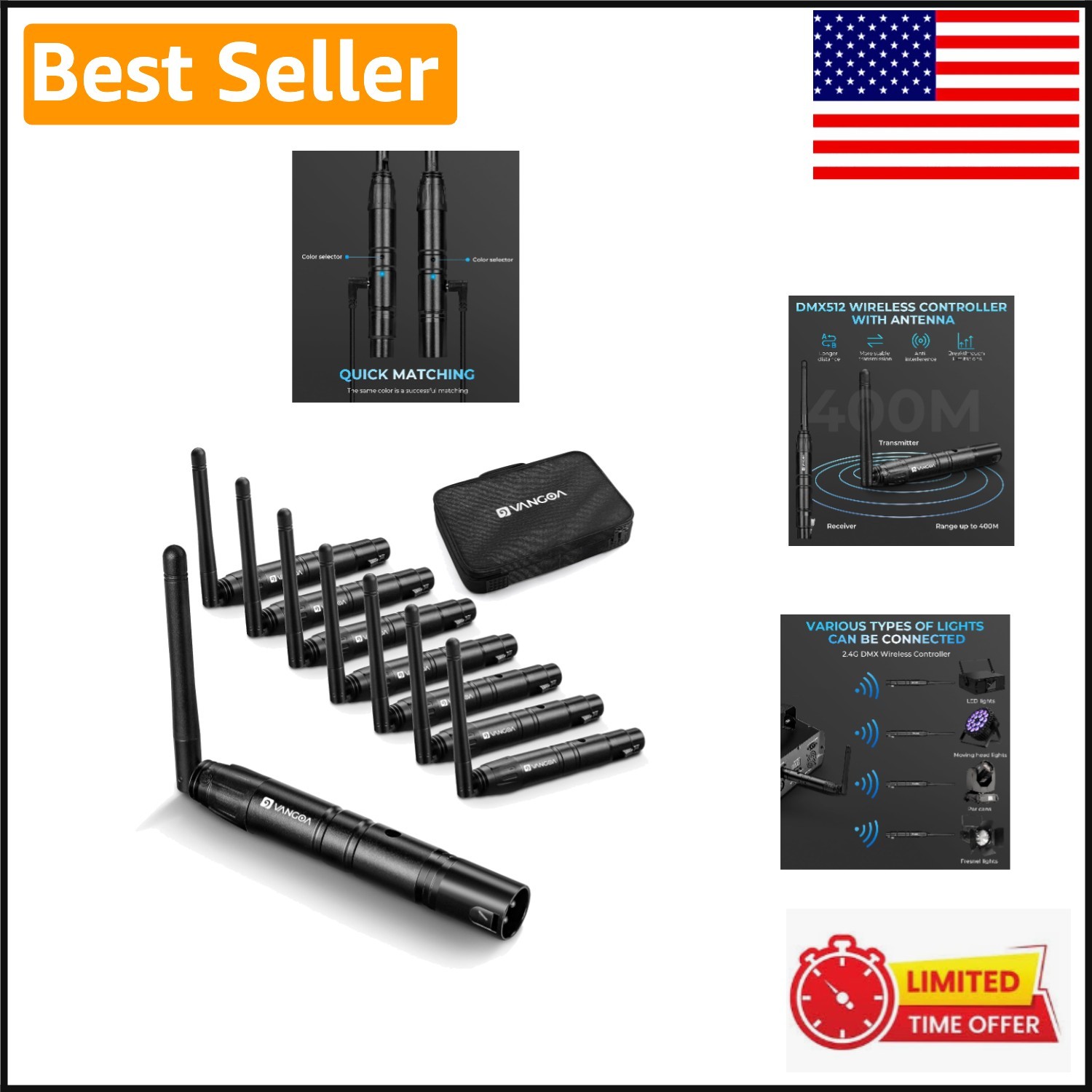 Portable 8PCS Wireless DMX Lighting Control with 7 Receivers for Seamless Use