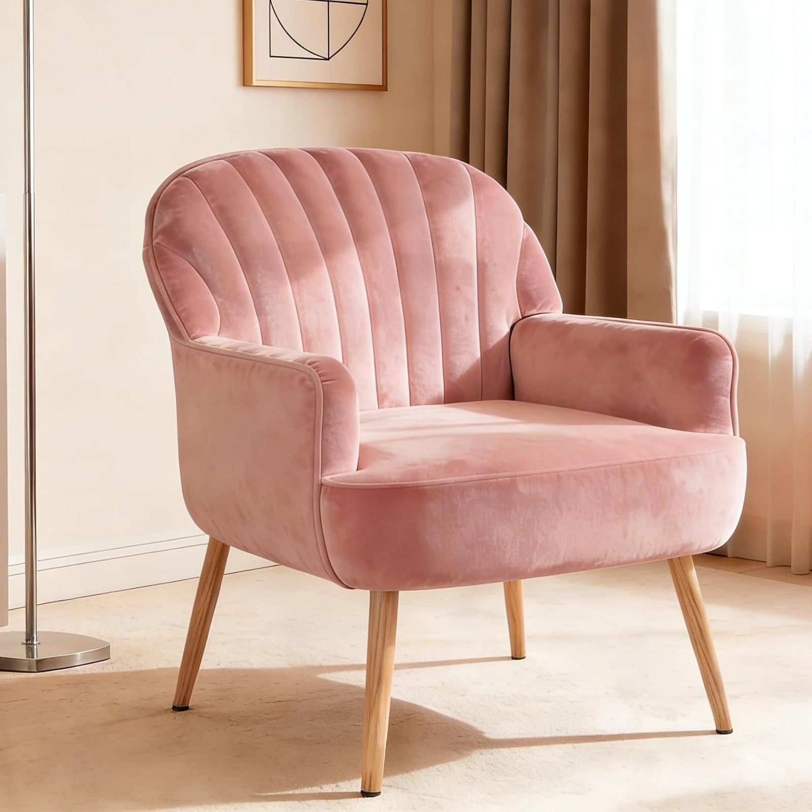Modern Upholstered Pink Velvet Accent Chair Metal Legs Armchair for Bedroom