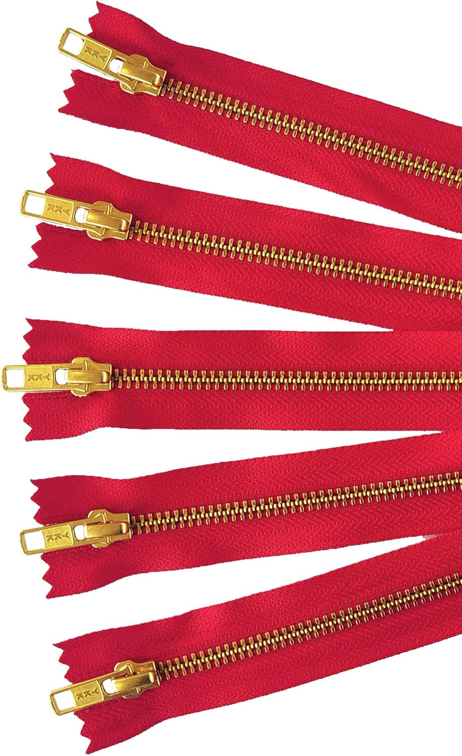 Brass Metal Zippers in Red - #5 Closed-End Zippers - 6 Inch - Set of 5 Pieces by
