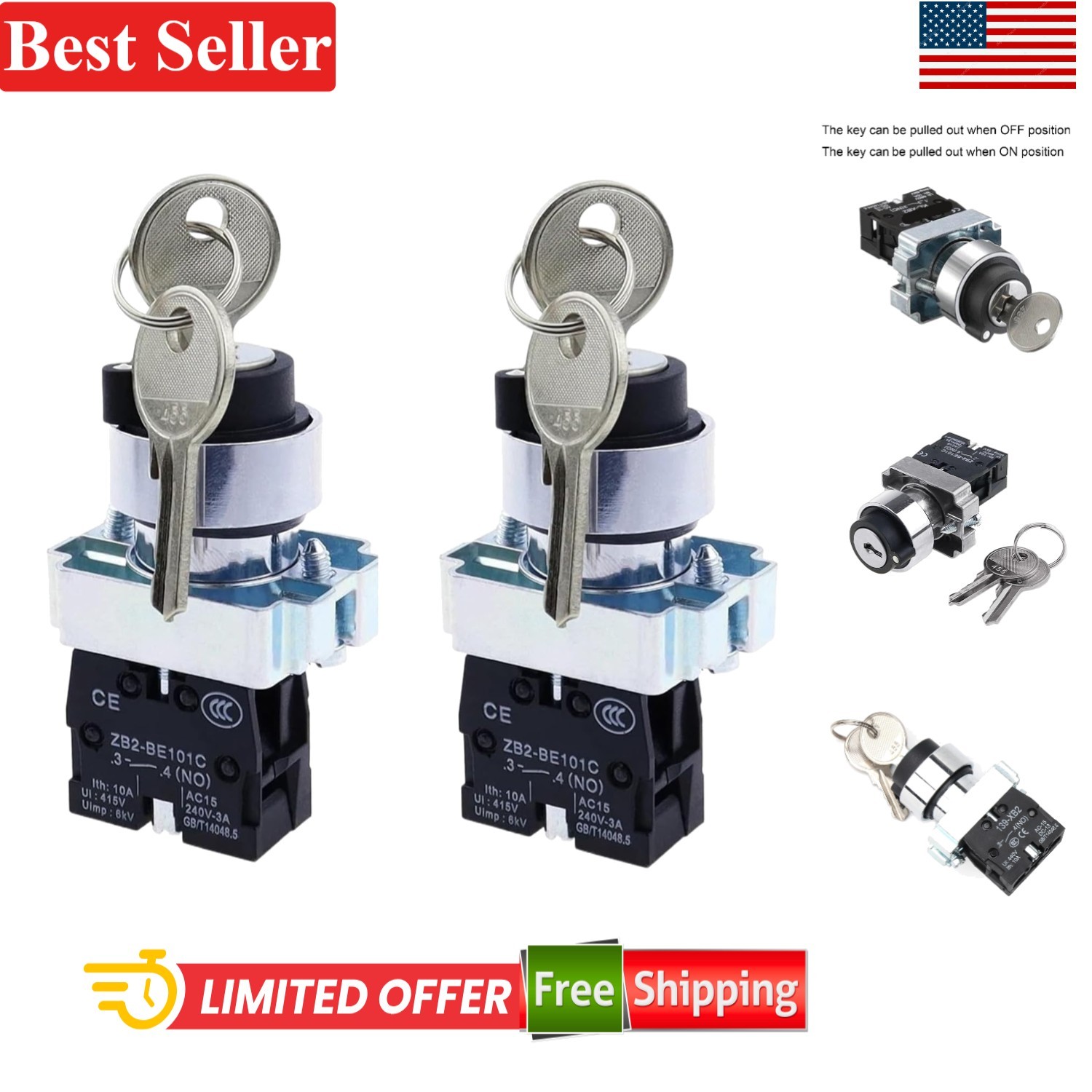 2-Position Maintained Rotary Key Switch 10A 440V 22mm Surface Mount Silver