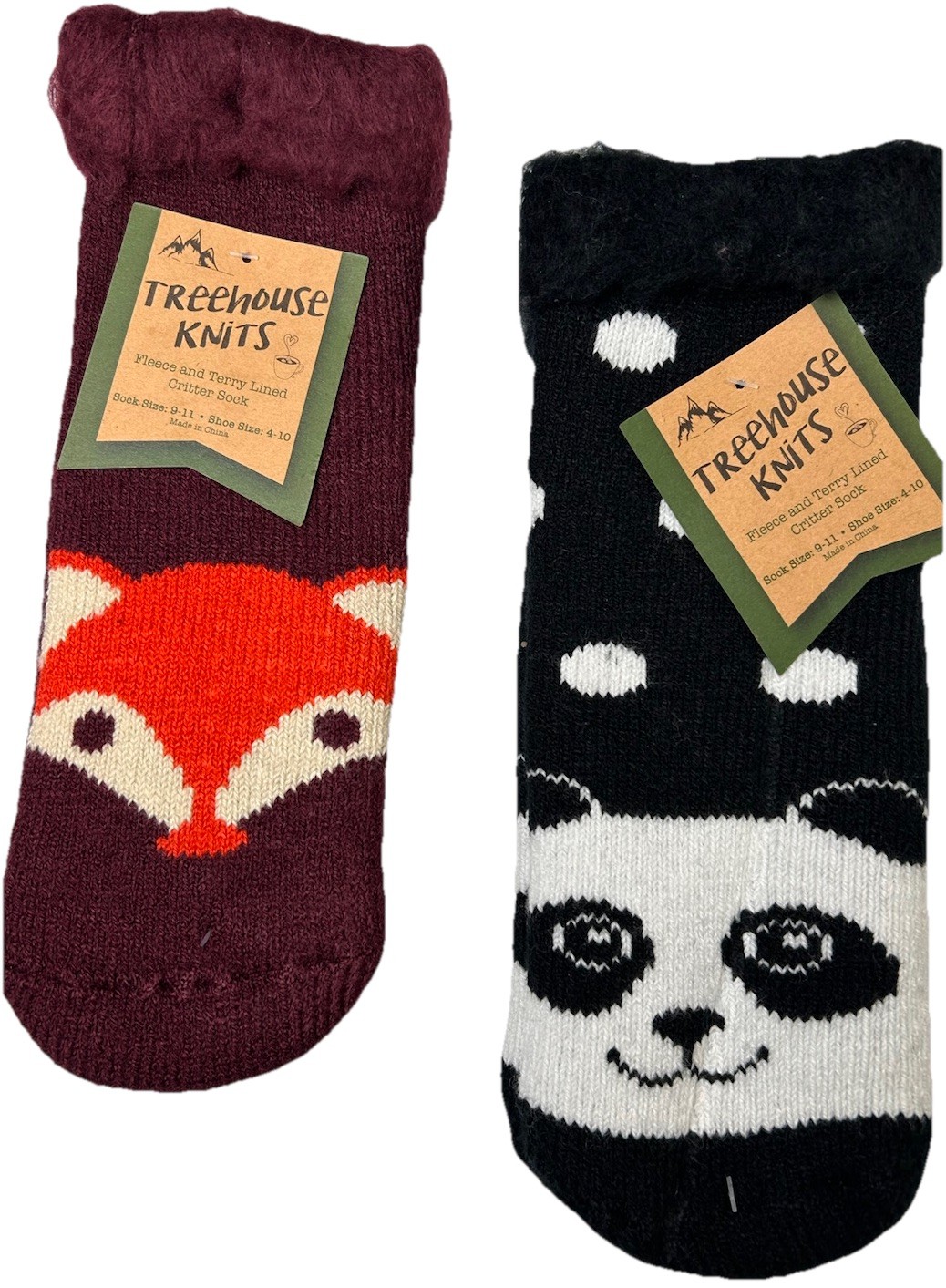 Treehouse Knits New 2 Pair Fleece Lined Slipper Socks No-Slip Grippers Fox Panda