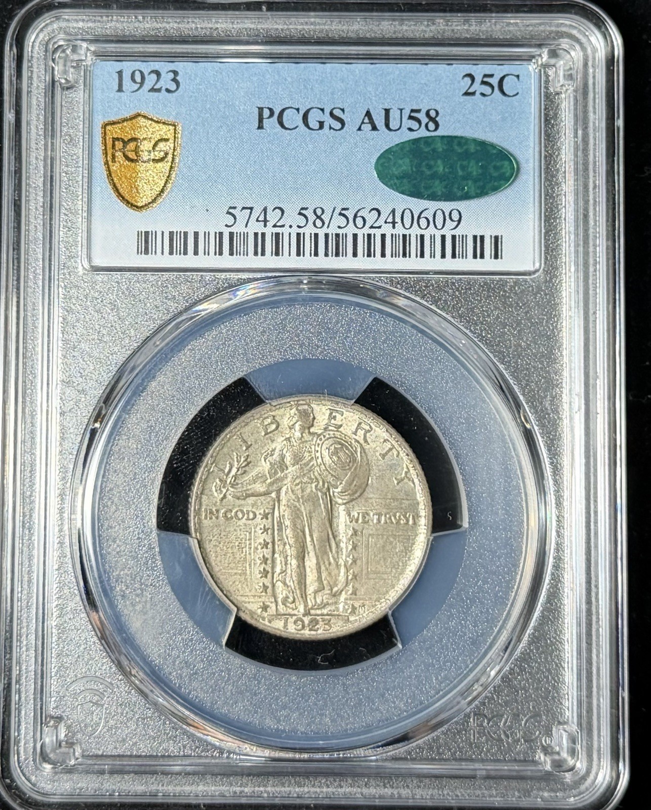 1923 25C Standing Liberty Quarter PCGS CAC AU58 Super Original And Toned