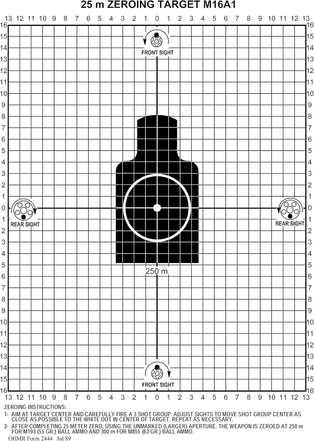 M16A1 25 Meter Zeroing Target On EZ Peel Notepad 25 Pack, White,25 Pack