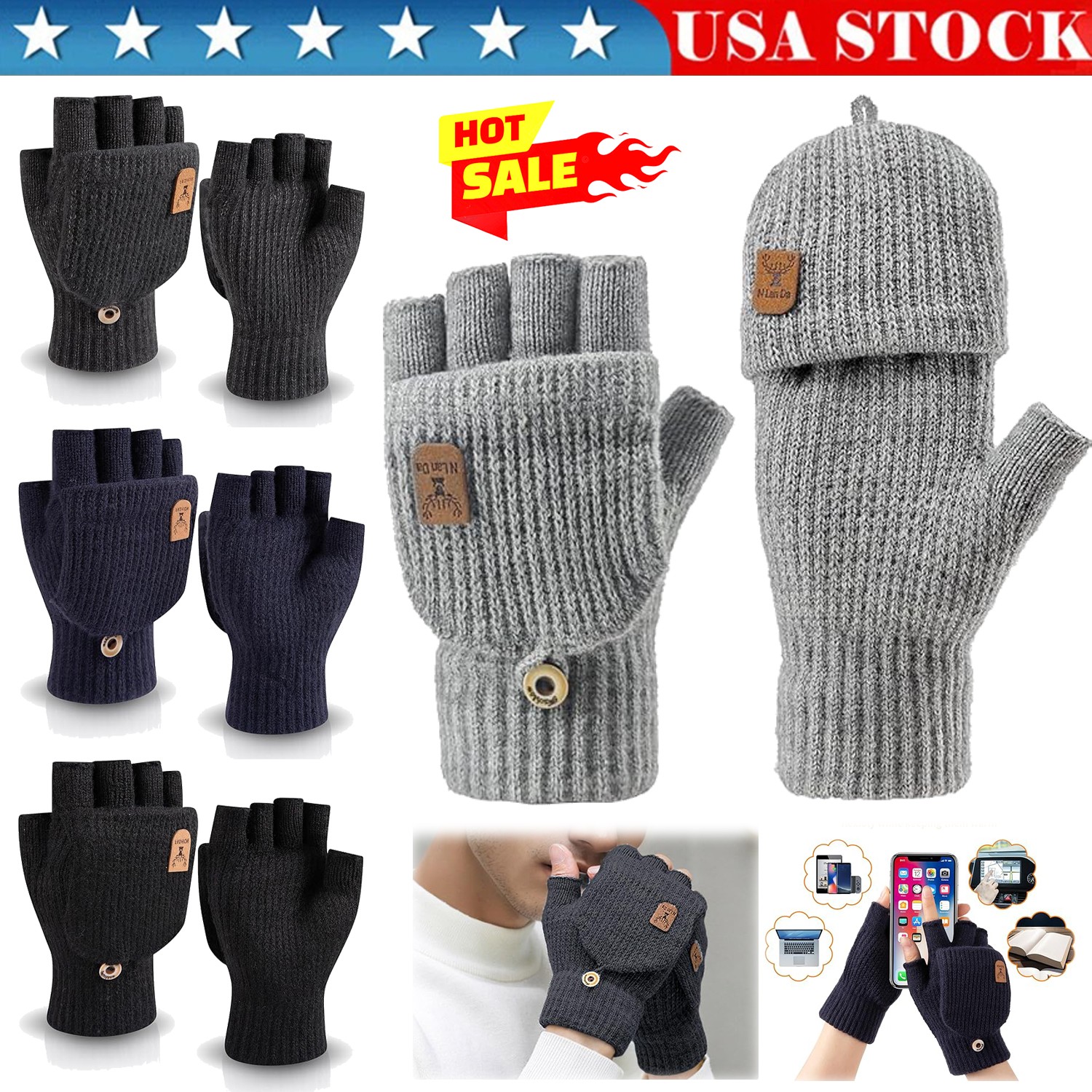 1/2*Winter Knitted Fingerless Gloves, Unisex Warm Half Finger Gloves Convertible