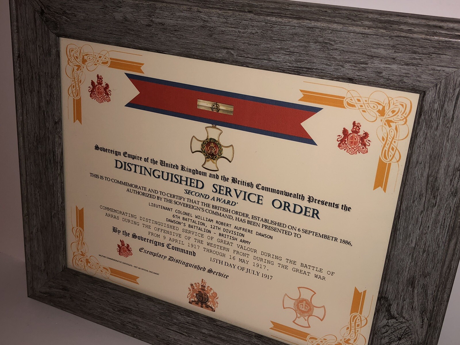 DISTINGUISHED SERVICE ORDER 2ND AWARD [UK] COMMEMORATIVE CERTIFICATE ~ Type 1