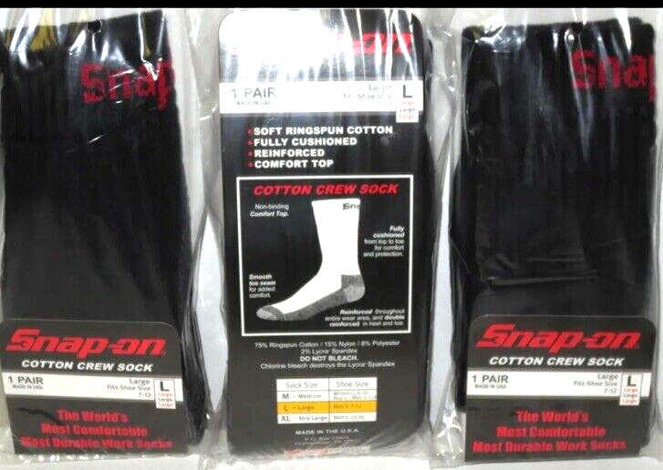 SNAP ON TOOLS USA NEW 6 Pairs Crew Socks Men's BLACK LARGE FREE SHIP MADE IN USA