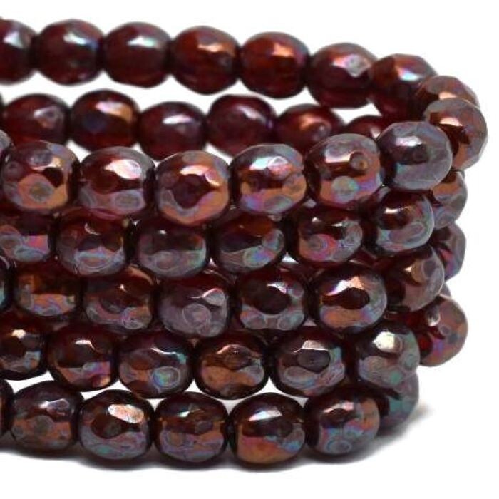 001-1, Ruby Red/Purple Bronze Finish, 4mm Firepolished Beads, 50 beads (4sp39)