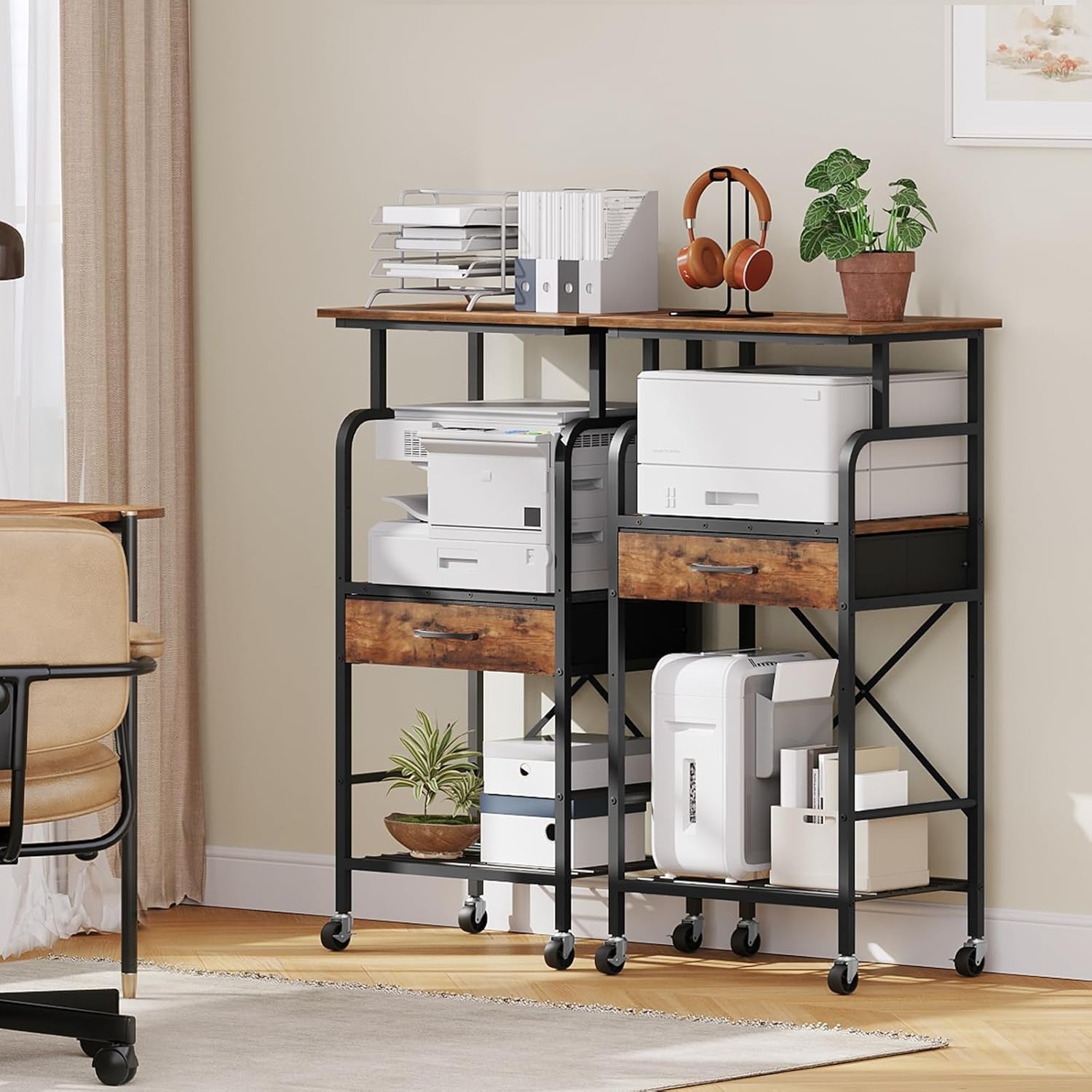 Tall Printer Stand 3 Tier Printer Cart W/ Storage Industrial Printer Table on