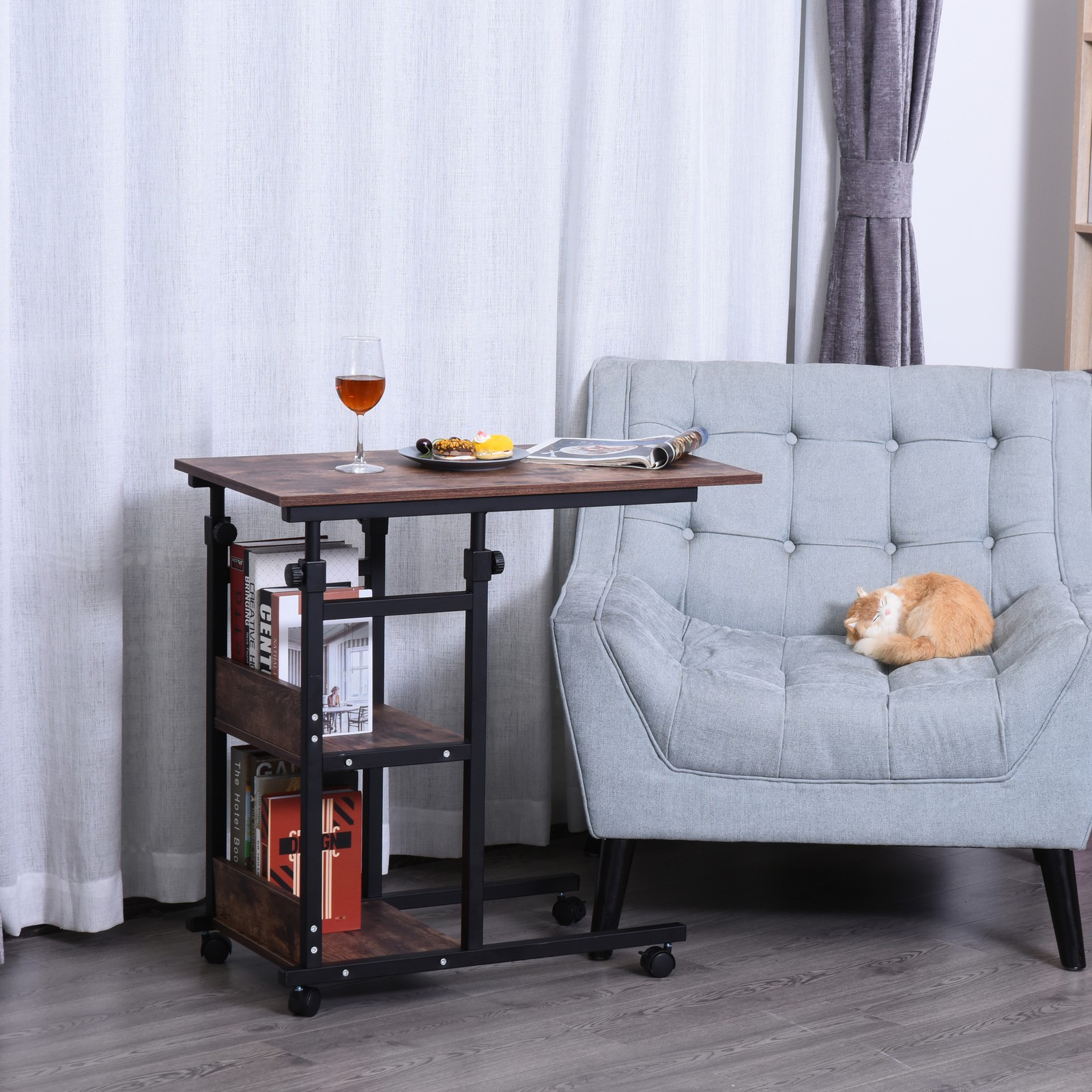 C-Shaped Mobile Sofa Bed Side Table Adjust Height 3-Tier Cart w/ Casters, Brake
