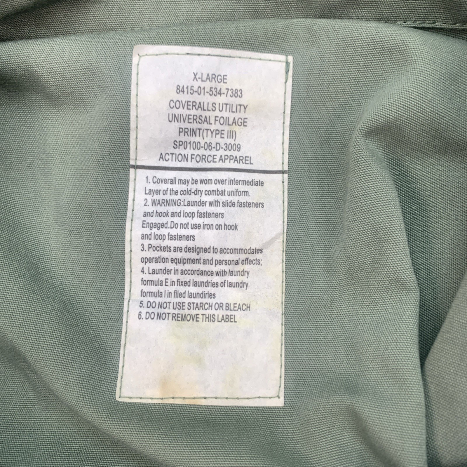 Universal Utility Coveralls Mens XLG Foliage Green Type III US Military Uniform
